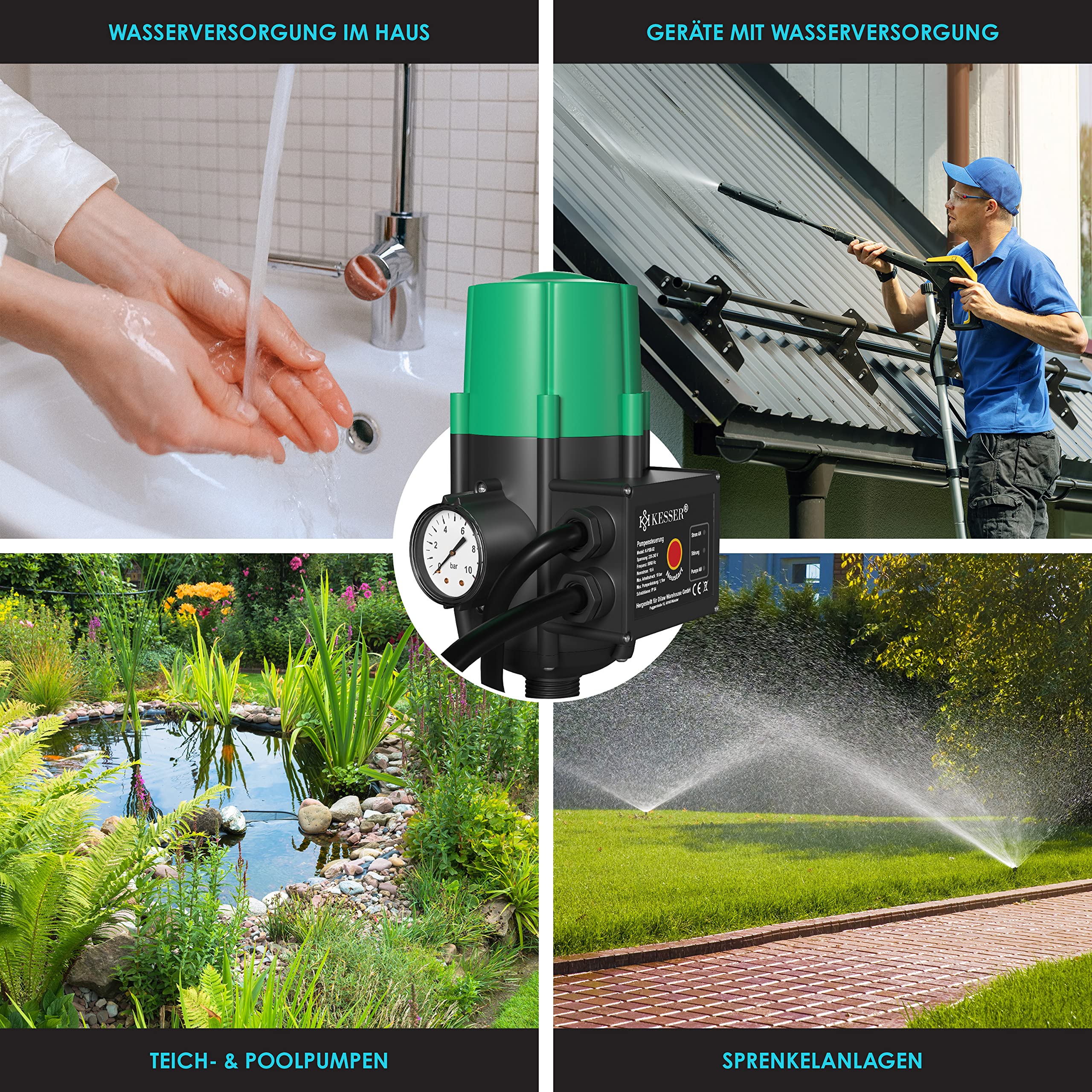 KESSER® Pumpensteuerung mit Baranzeige | mit Kabel | 10 bar Druckwächter Elektronische Pumpensteuerung | Druckschalter | überwacht den Wasserdruck - automatisches Ein- und Ausschalten Garten & Haus