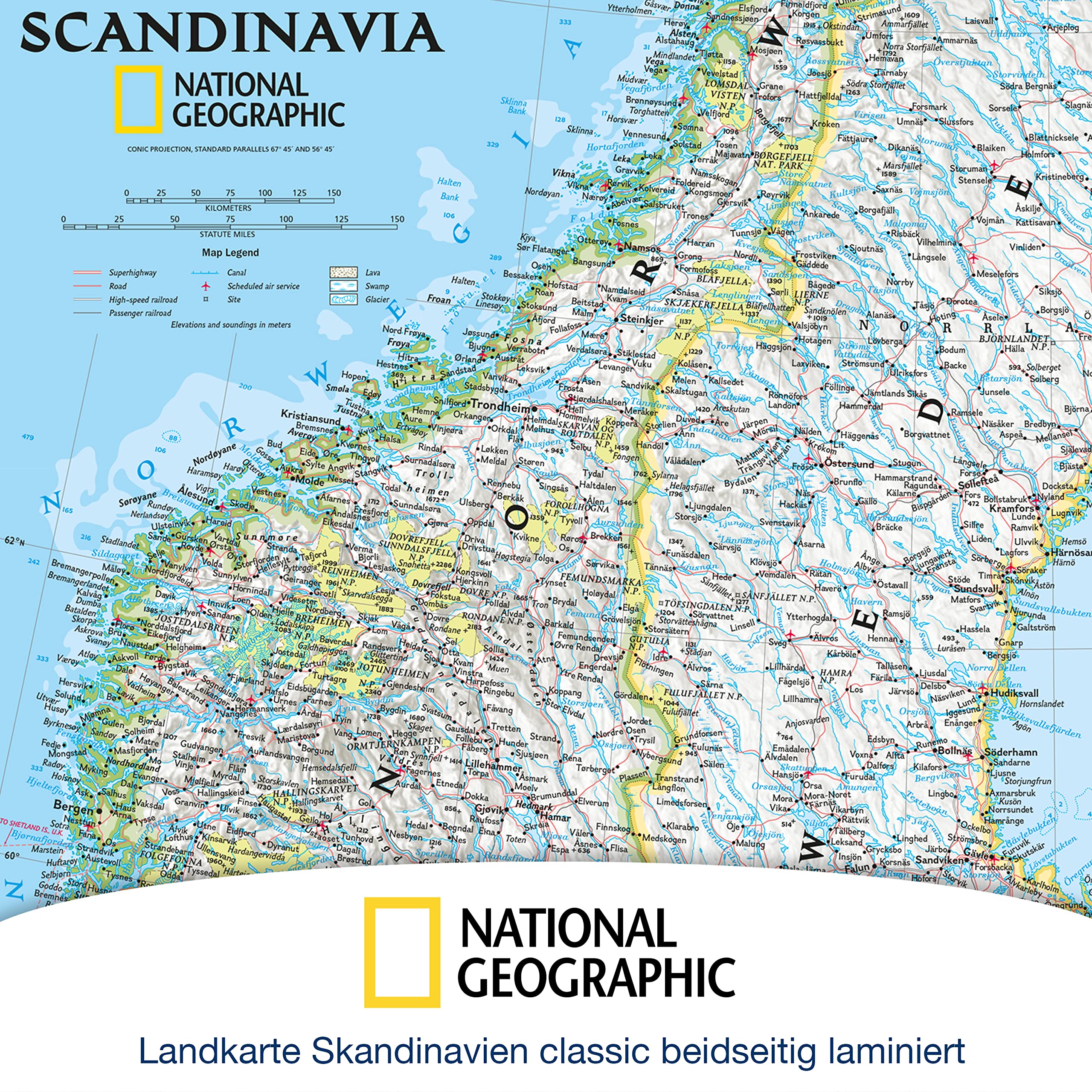 ORBIT Globes & Maps - Skandinavien Landkarte, Kartenbild von National Geographic - Landkarte classic beidseitig laminiert, Aktuell 2026, 58 x 76 cm, englisch