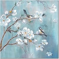UTOP-art White Floral Canvas Wall Art: Elegant Flower Tree & Birds Painting, 12x12 Inch Ready-to-Hang Panel for Living Room Decor