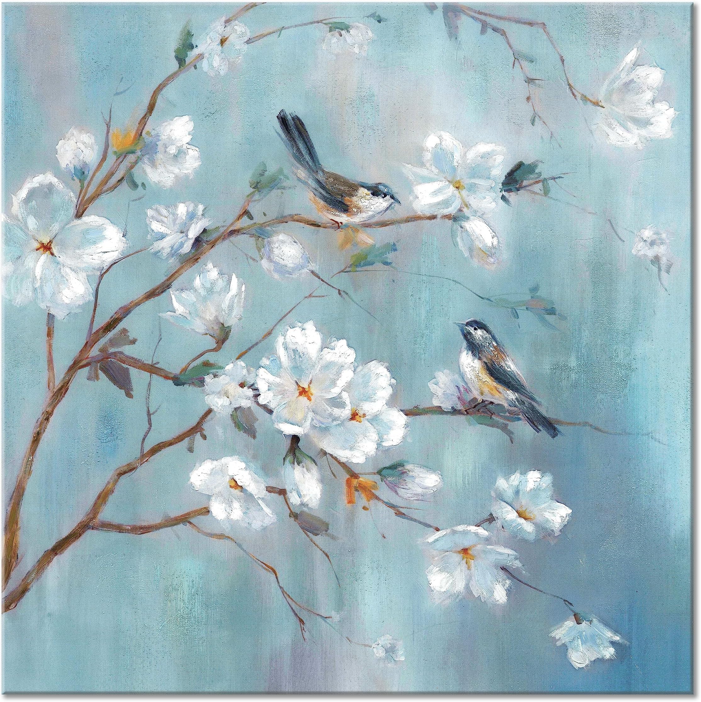 White Floral Canvas Artwork Wall: Elegant Flower Tree and Birds Wall Art Painting for Living Room (12'' x 12'' x 1 Panel)