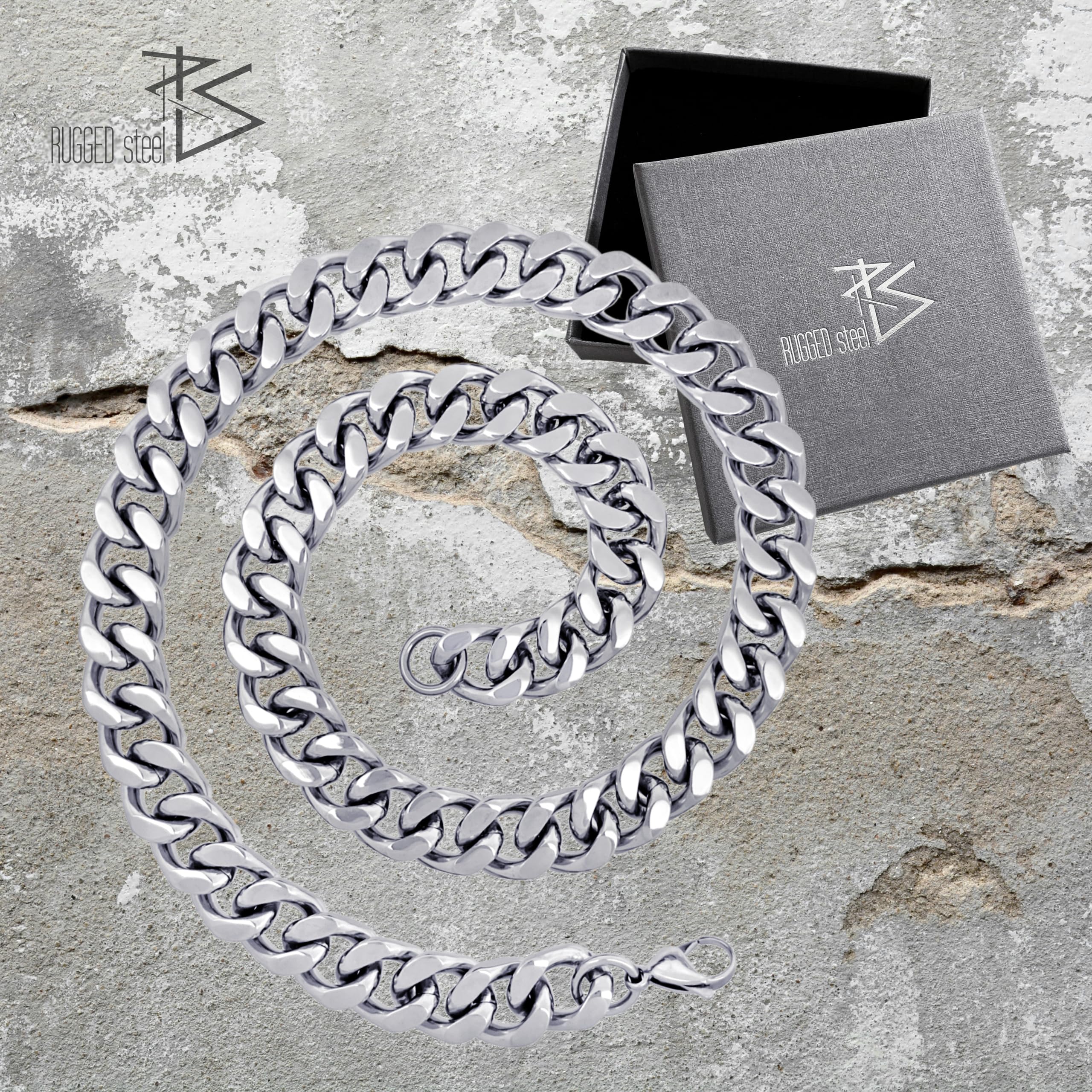 catena a maglia da uomo in acciaio inox, color argento, larghezza di 1,5 cm (165-275 g) massiccia