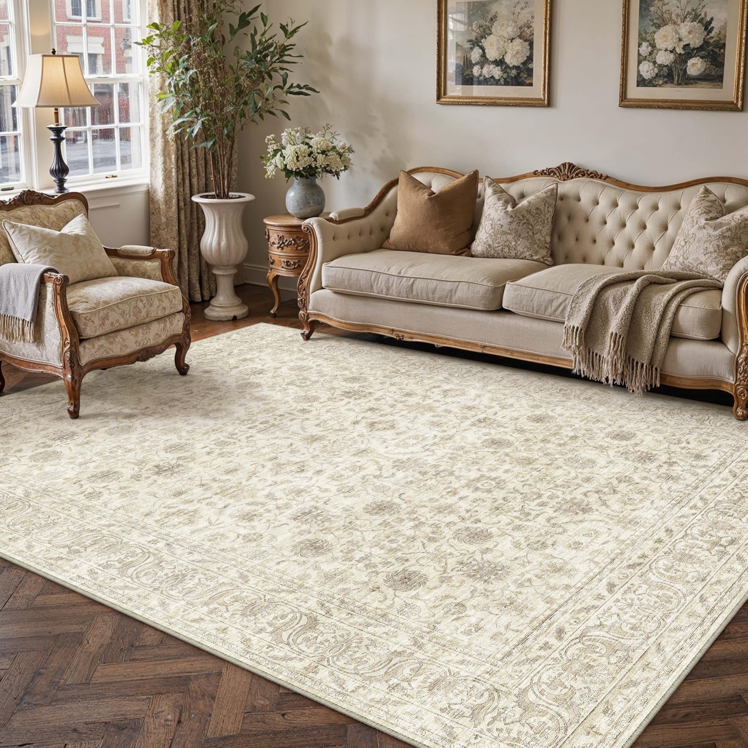 PureCozy Vintage Teppich Wohnzimmer 160x230cm Beige Waschbar Groß Teppiche