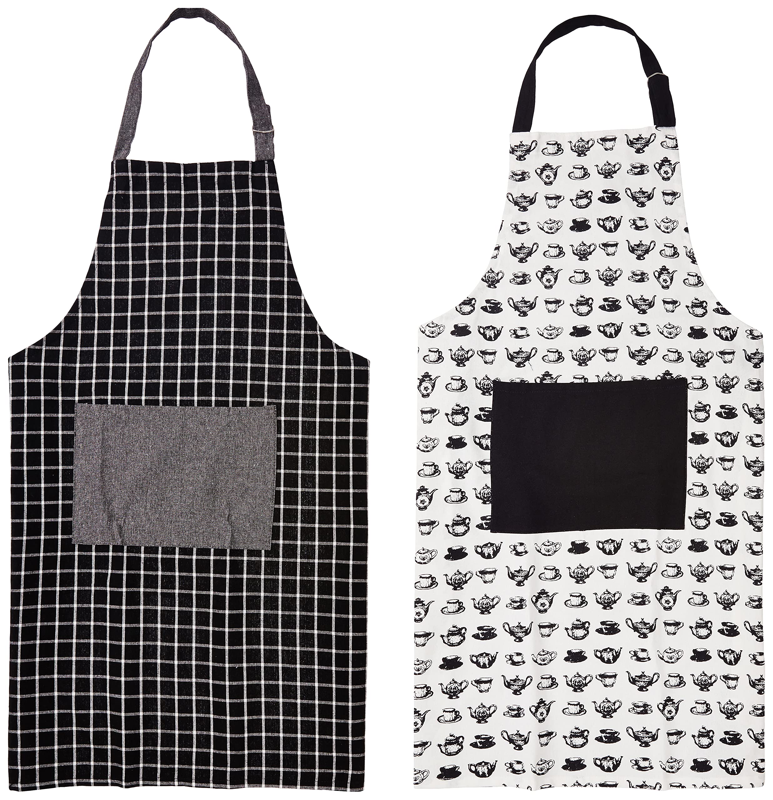 Amazon Brand - Solimo 100% Cotton Adjustable Kitchen Apron, Set of 2, Teapots and Gridlines