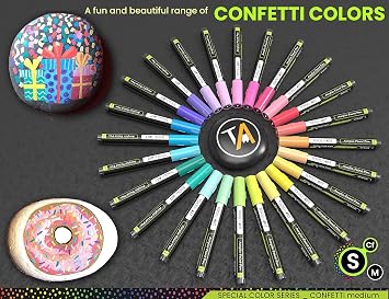 24 Confetti Colors Acrylic Paint Pens Markers Set 3mm Medium Tip, Rock Painting, Glass, Mugs, Wood, Metal, Canvas, Pottery, Plastic, DIY Projects, Illustration. Non Toxic, Waterbased, Quick Drying
