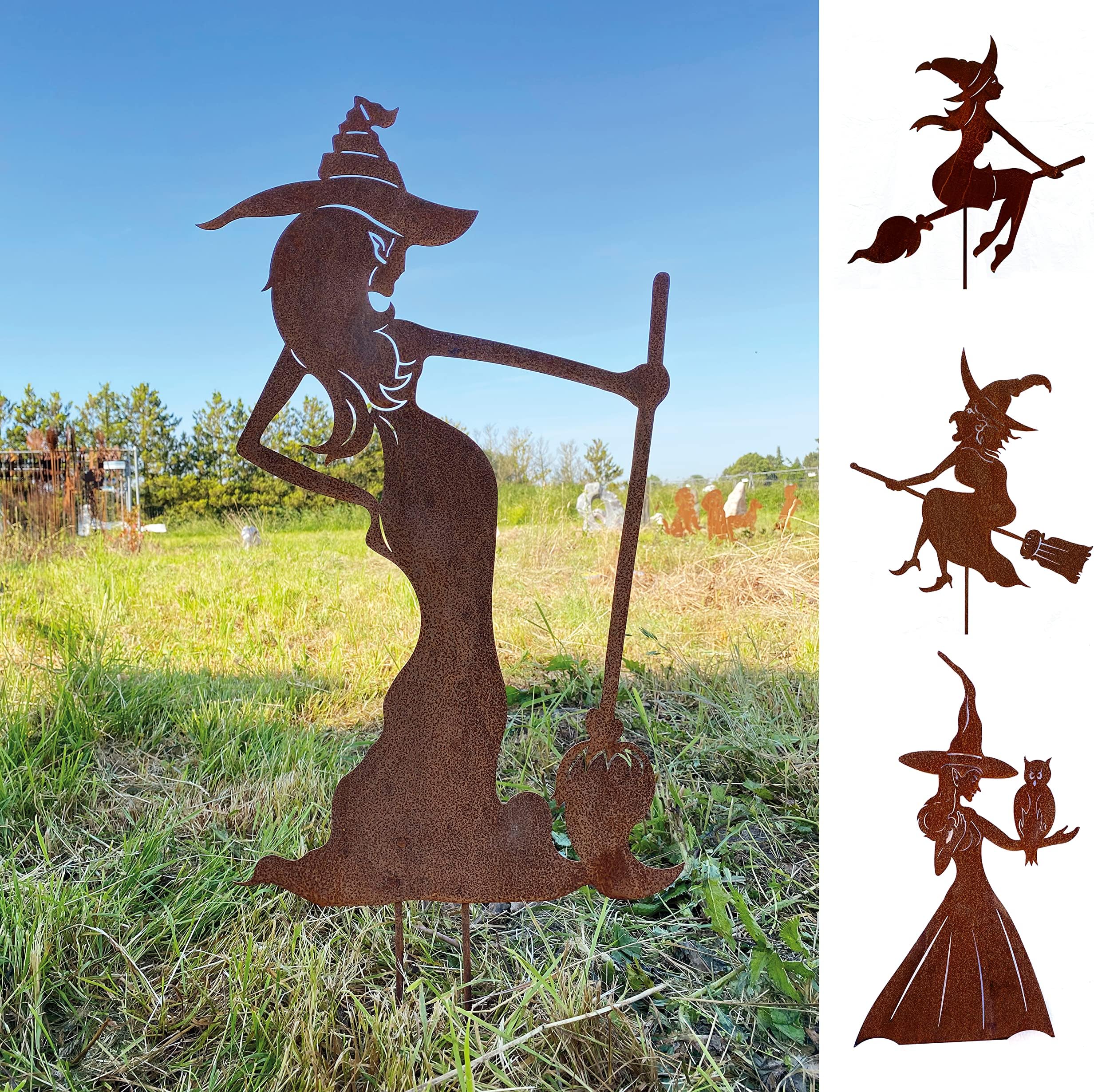 Ecosoul Hexe Auf Besen Garten-Deko Aus Metall Mit Edelrost-Optik – Perfekt Für Halloween & Herbst