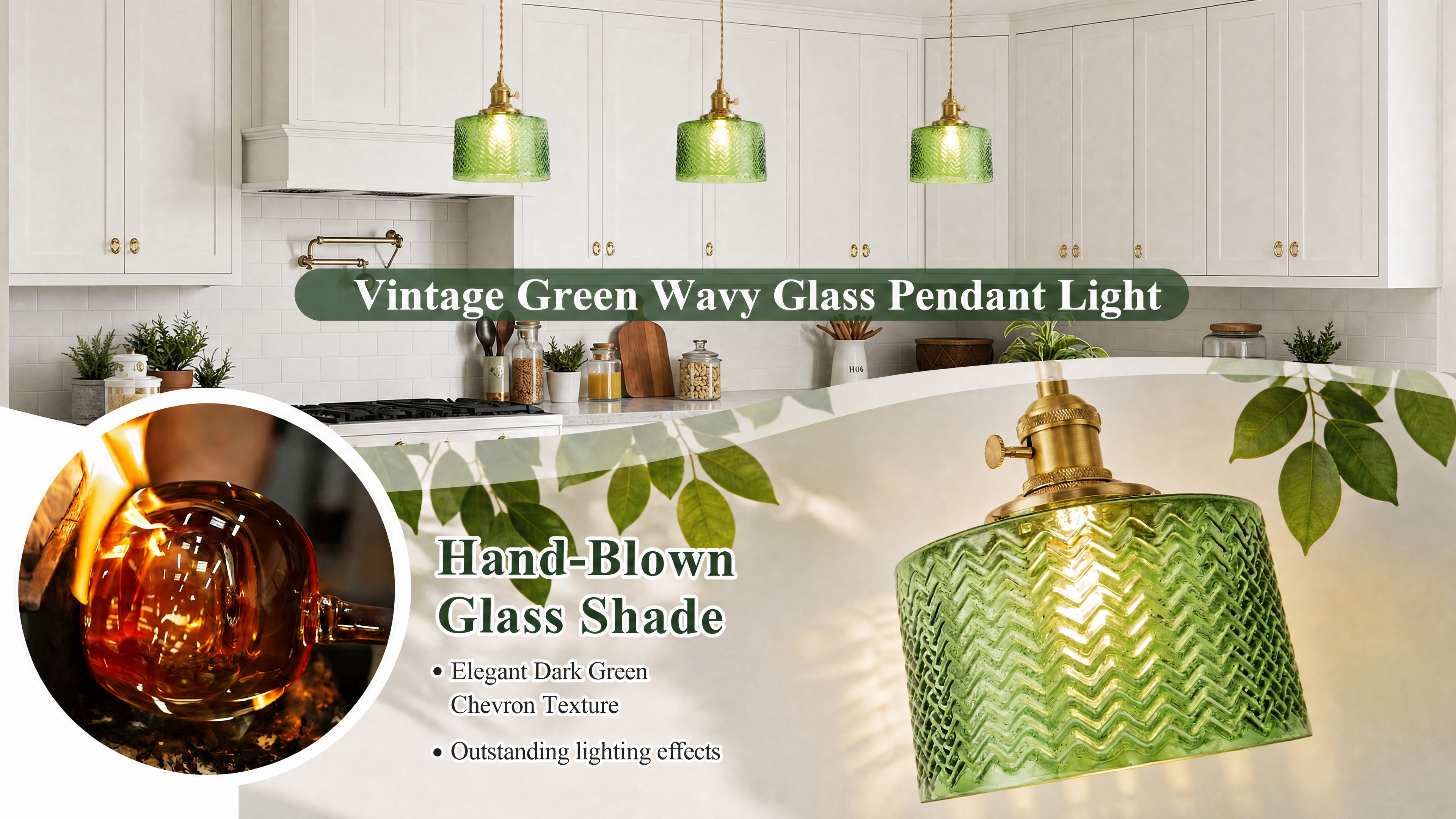 Image of Green Glass Pendant Lights Kitchen Island Lighting | Modern Gold Ribbed Pendant Lighting Adjustable Farmhouse Chandelier Haning Light for Dining Room Bedroom Hallway Entryway