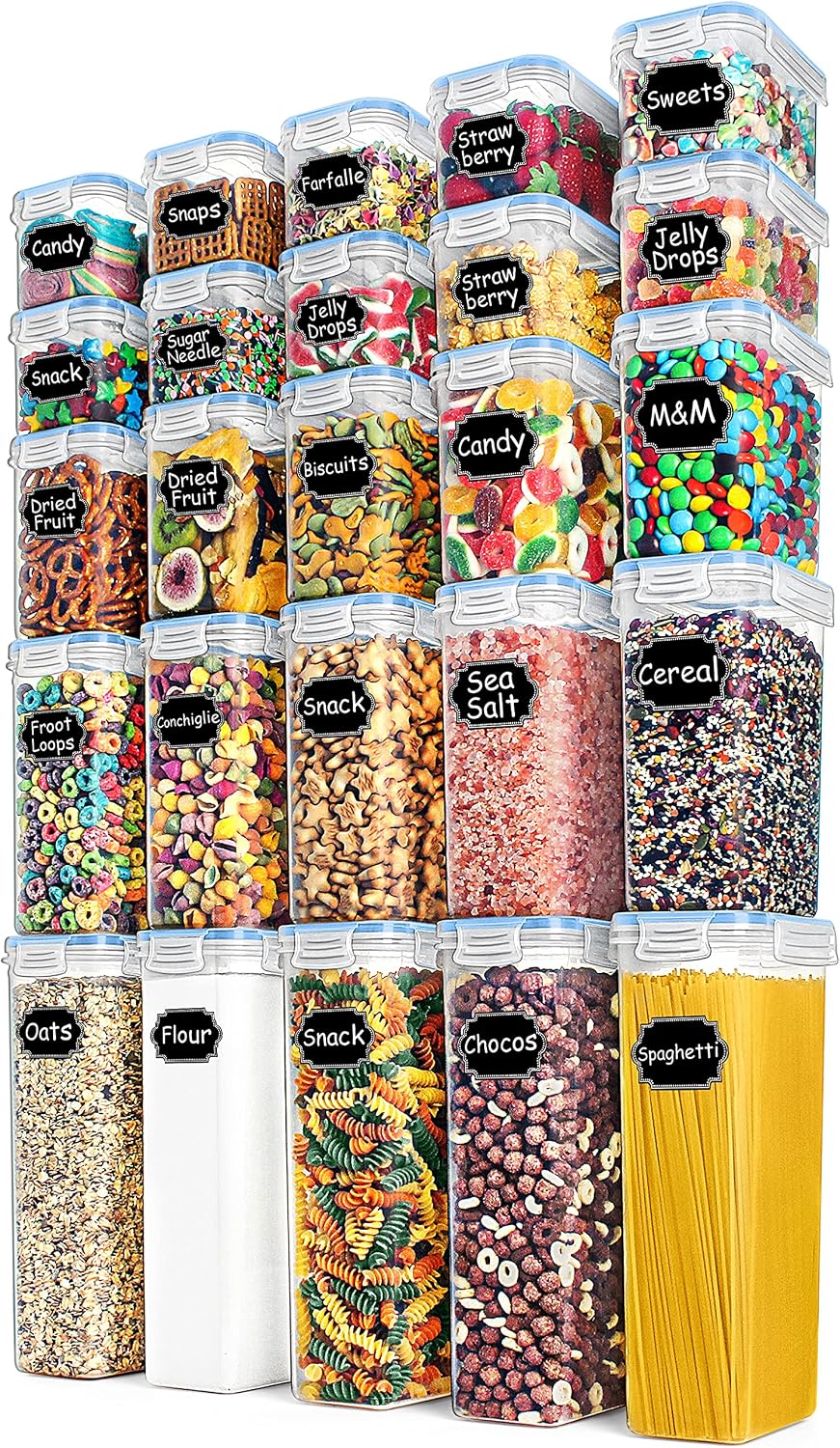 Wildone Airtight Food Storage Containers Set - 25 Piece, BPA Free Plastic Kitchen and Pantry Organization Canisters with Durable Lids, Ideal for Cereal, Flour & Sugar - Labels, Marker Set (Blue)