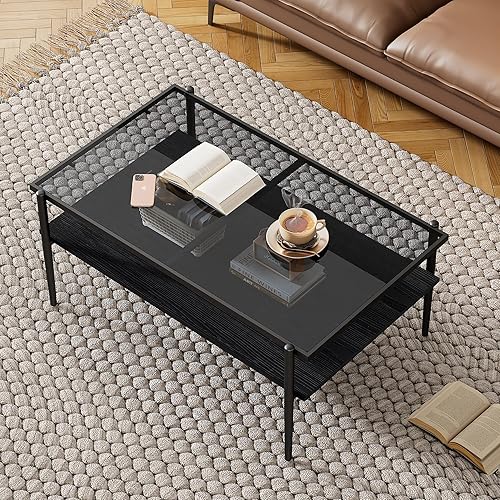 Miniatura 42 de Mesa de centro de cristal para sala de estar, mesa de centro de 2 niveles de mediados de siglo, mesa central con parte superior de vidrio templado