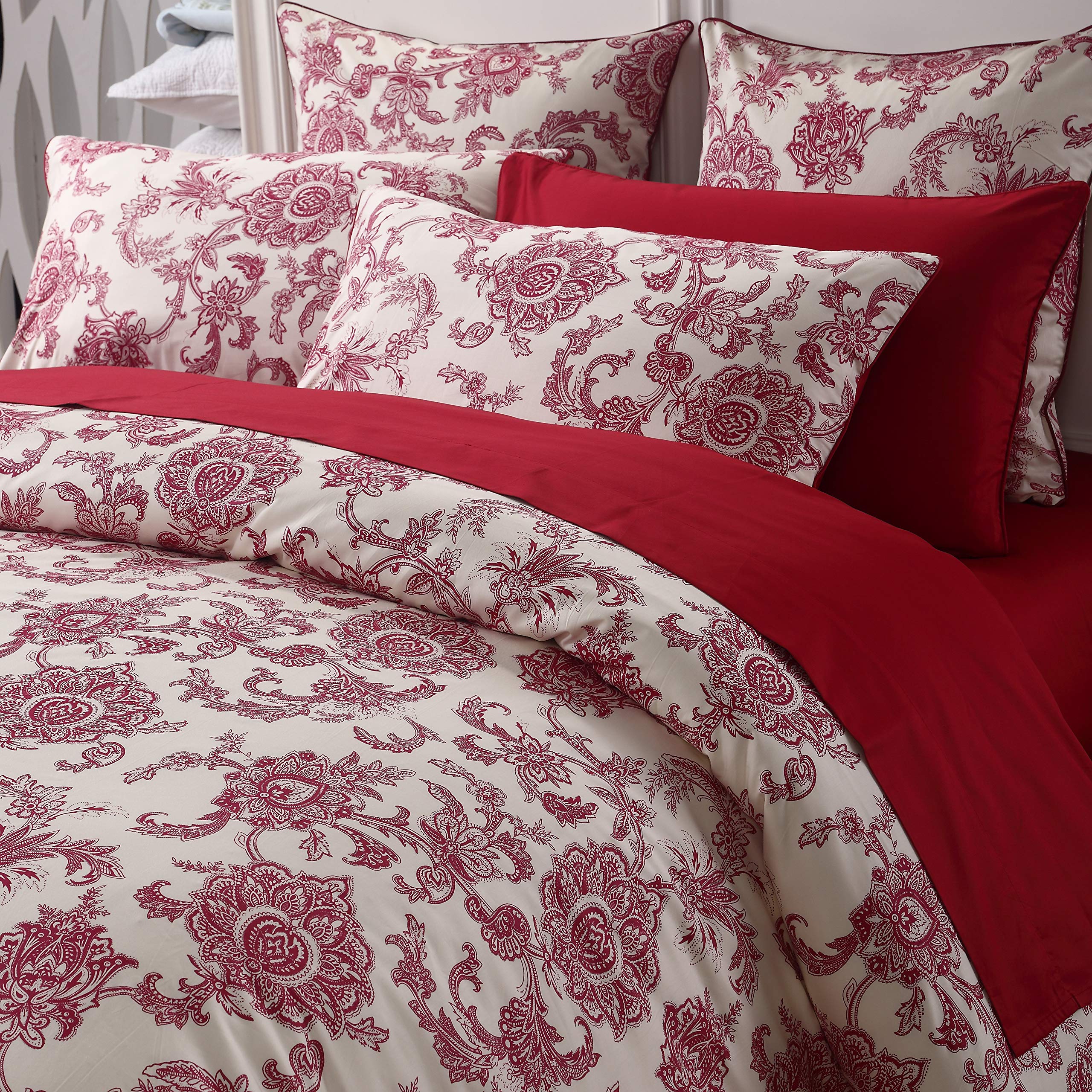 USTIDE Vintage King Size 3Pcs Duvet Cover Set Red Flower Paisley Pattern Retro Ivory White Fresh Chic Floral Boho French Rural Romantic 100% Egyptian Cotton Bedding Sets โ image 1