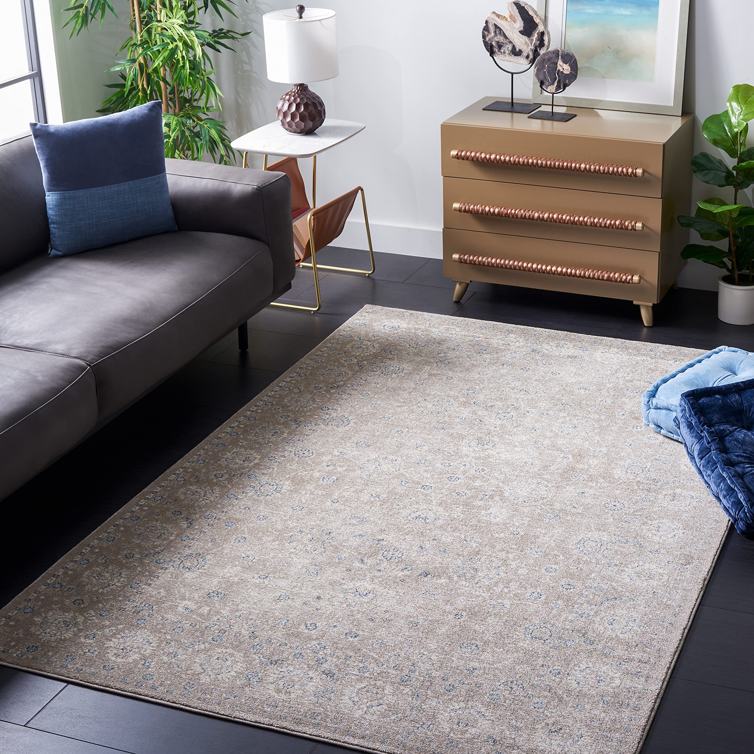 SAFAVIEH Sofia Collection 8' x 10' Tan/Blue SOF330A Boho Tribal Oriental Distressed Non-Shedding Living Room Dining Bedroom Area Rug