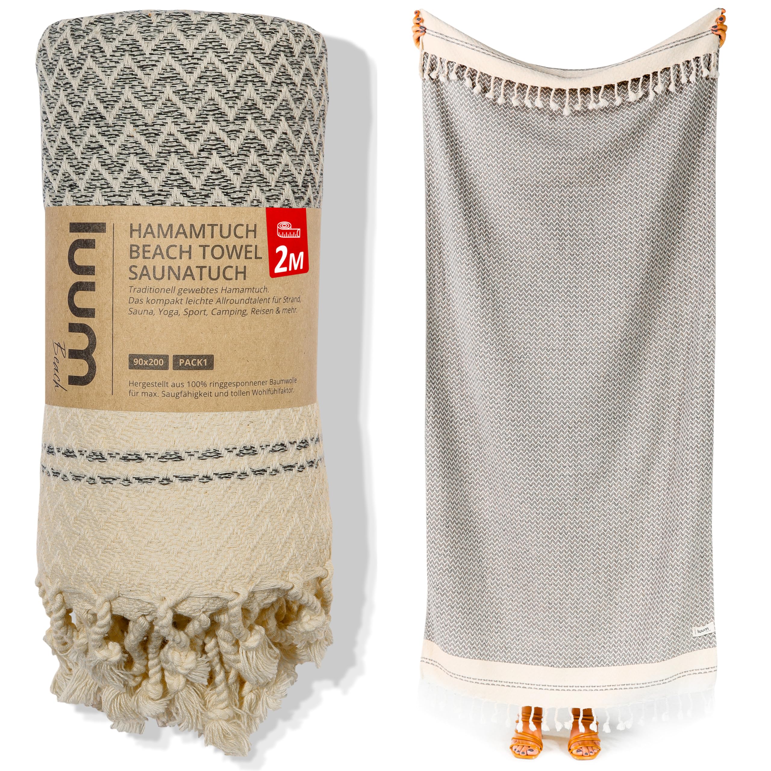 Luum® Hamamtuch groß 90x200 Strandtuch XXL Saunahandtuch Handtuch Yogatuch Duschtuch Strandhandtuch Saunatuch Badetuch Reisehandtuch Pestemal Turkish Towels, Damen Herren, 100% Baumwolle, Beige
