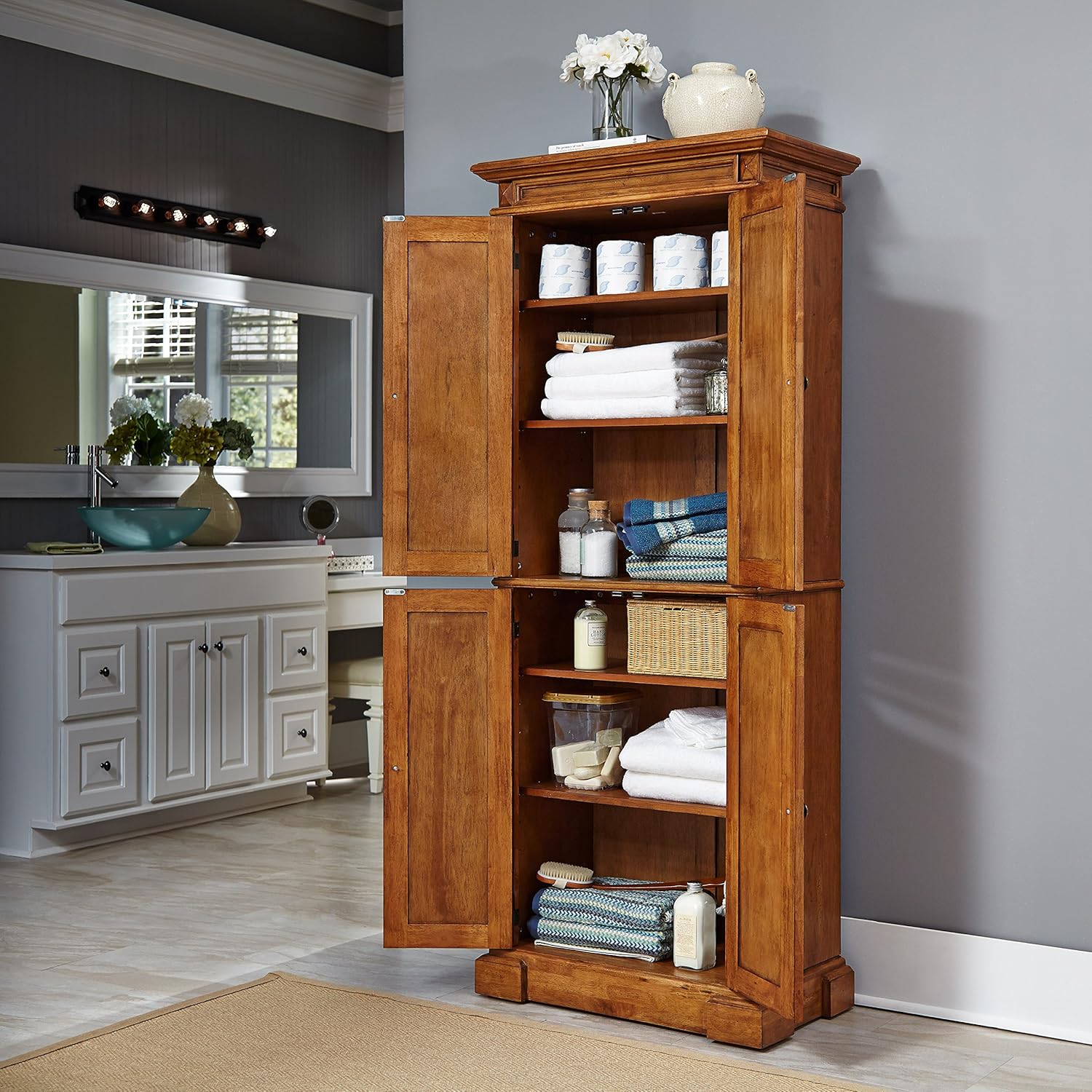 Homestyles Storage Pantry with Drawer and Adjustable Shelves 72 Inches High by 30 Inches Wide Distressed Oak & Cottage Oak with Wood Top by Home Styles : Home & Kitchen