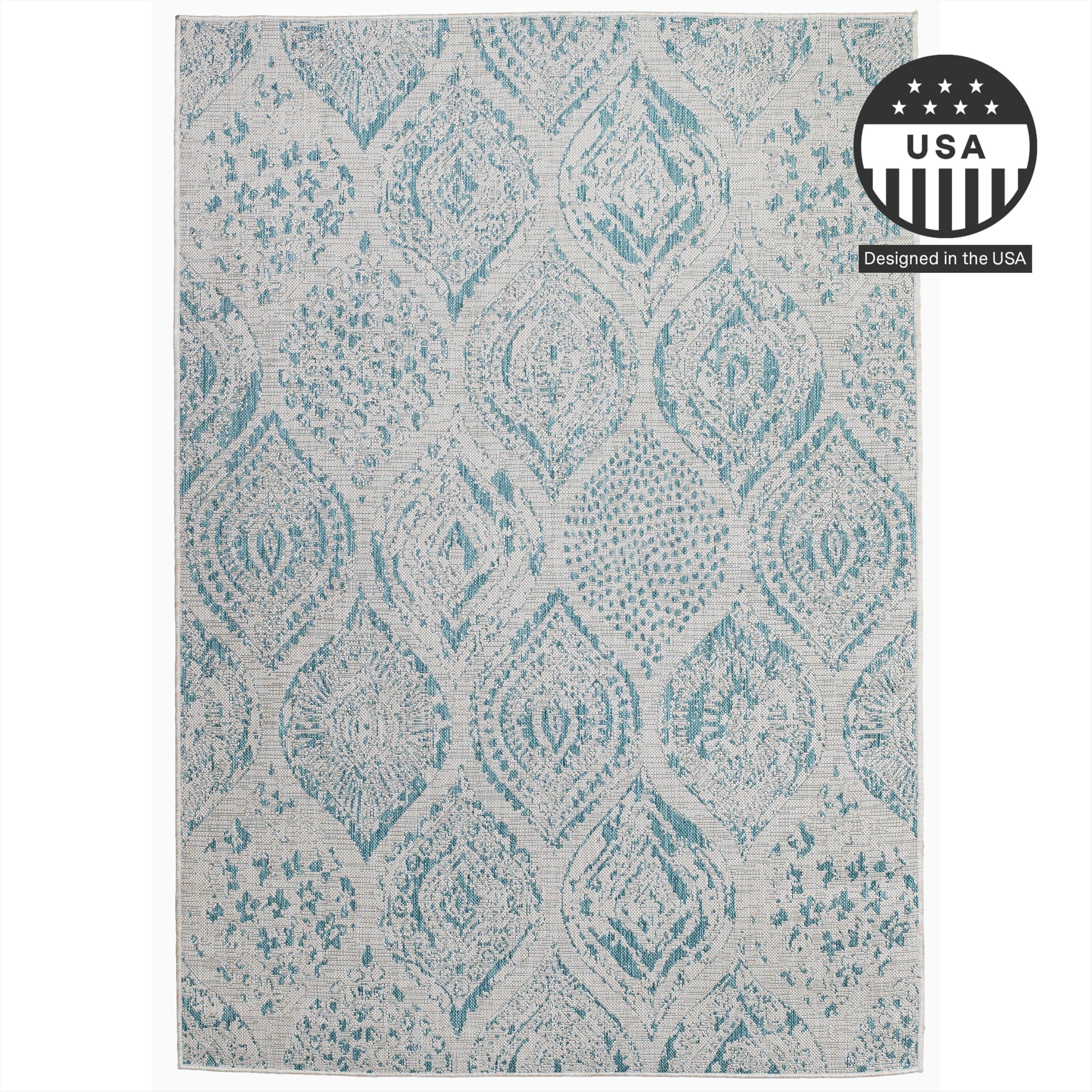 FH Home Flat Woven Outdoor Rug - Waterproof, Easy to Clean, Stain Resistant - Premium Polypropylene Yarn - Distressed Farmhouse - Large Patio, Deck, Sunroom - Granada - Aqua - 7ft 10in x 10ft 9in