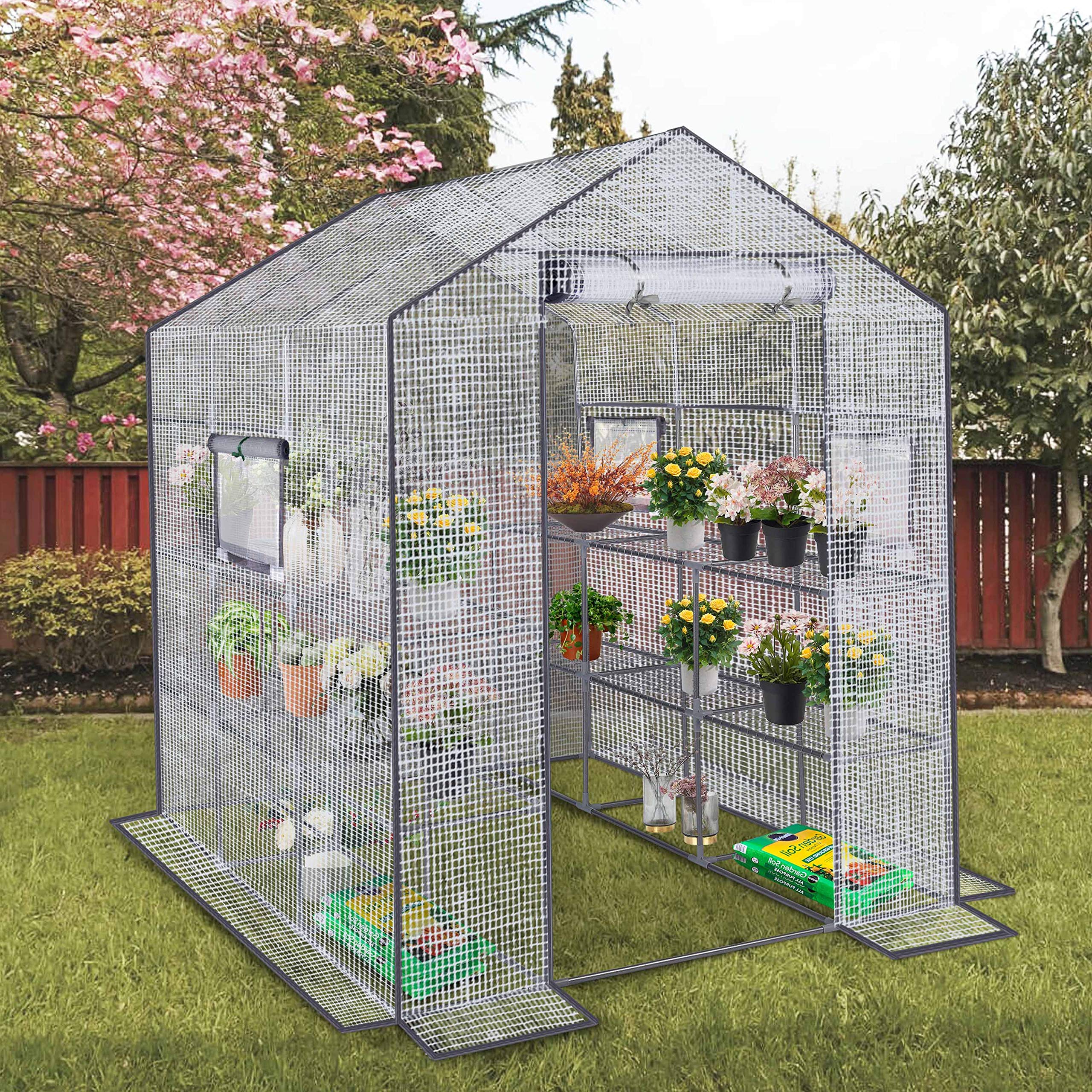 ENSTVER Reinforced Walk-in Greenhouse with Window,Plant Gardening Green House 2 Tiers and 12 Shelves,L57 x W80 x H77