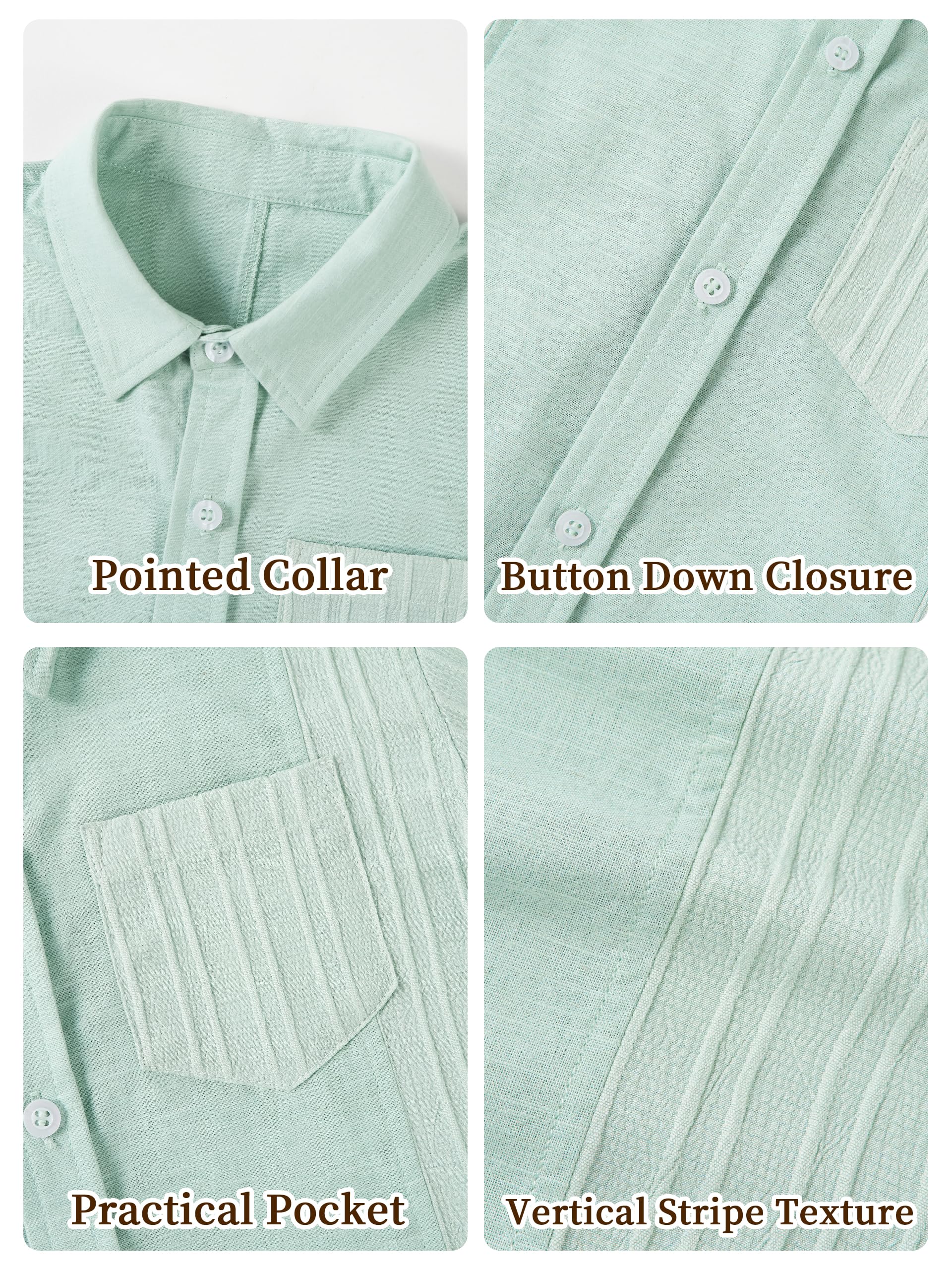 LOLANTA Camisa de Manga Corta para Niños, Mezcla de Algodón y Lino Transpirable, con Botones y Bolsillos, Corte Regular, Camisa de Verano Casual para la Escuela