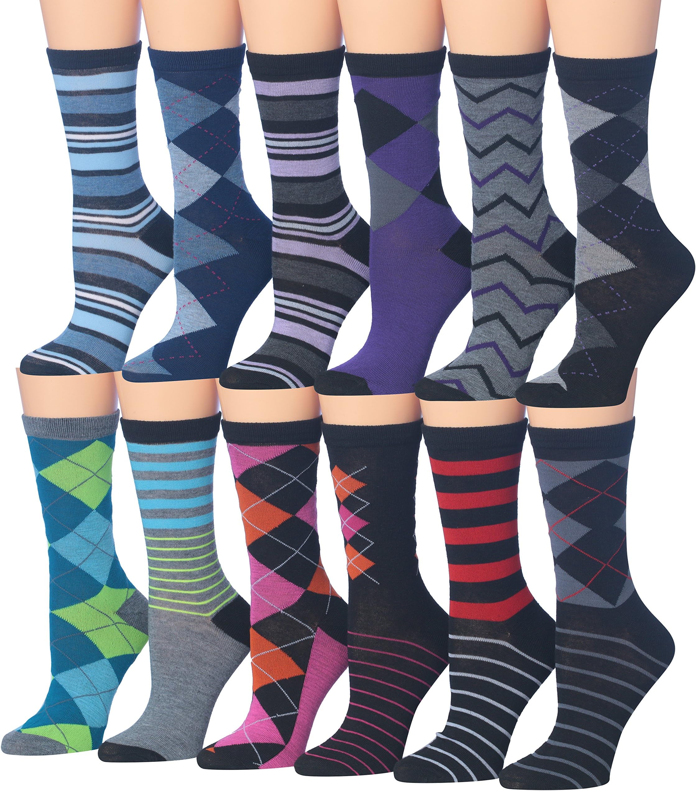 Tipi Toe Women's 12 Pairs Colorful Patterned Crew Socks Available In Sizes