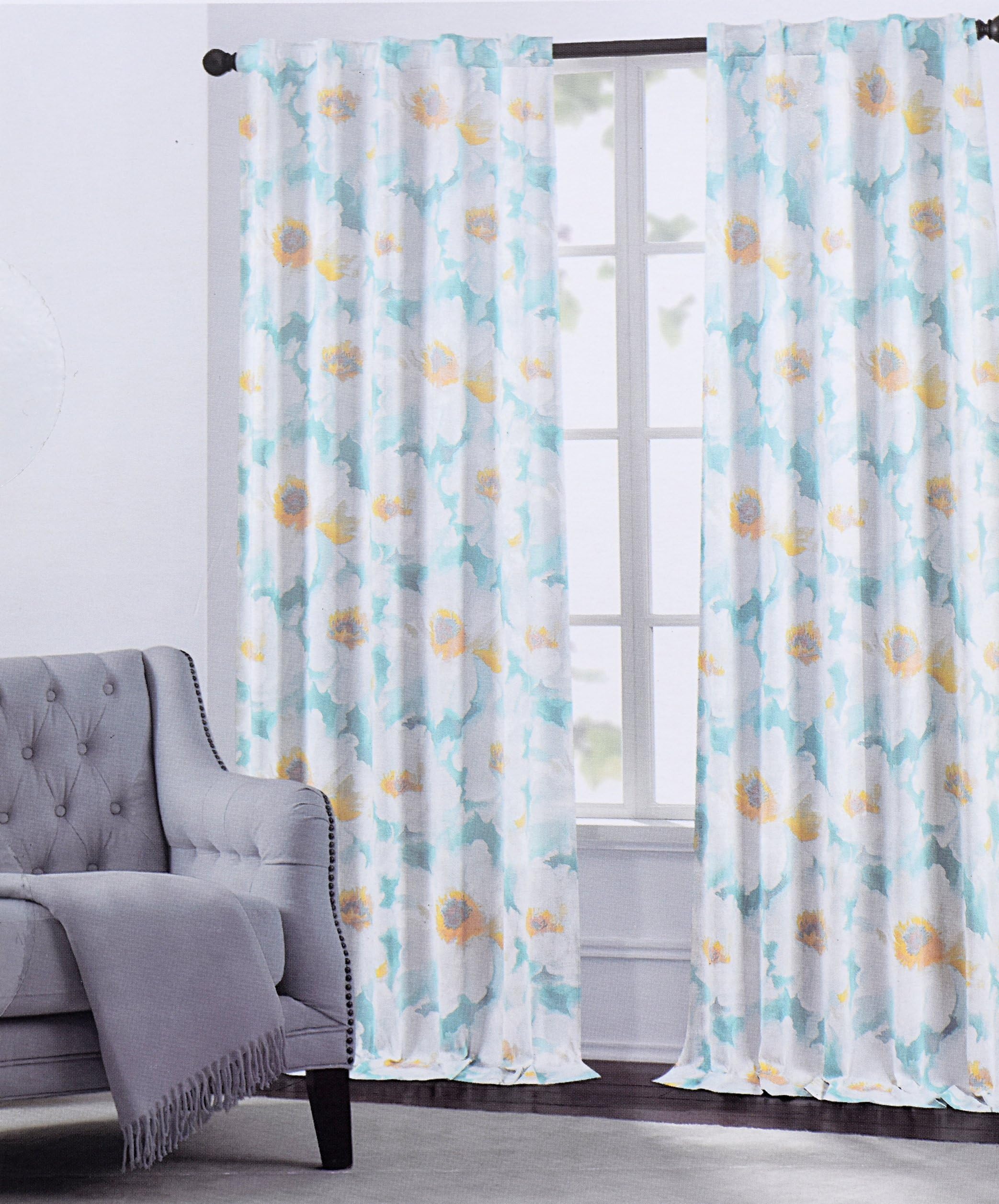 Hillcrest Window Curtains Arlene Large Flowers Floral Print Grey or Turquoise Road Pocket Curtains 100% Cotton Drapes 2 Panels 52 by 96 inch Spring Floral Garden (Turquoise)