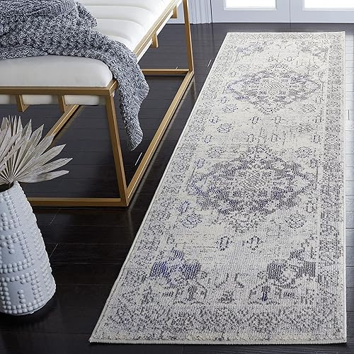 Miniatura 411 de Safavieh Tapete de área grande, colección Monaco, 11 pies x 15 pies, azul marino y celeste, diseño desgastado de medallón, no desprende pelusa