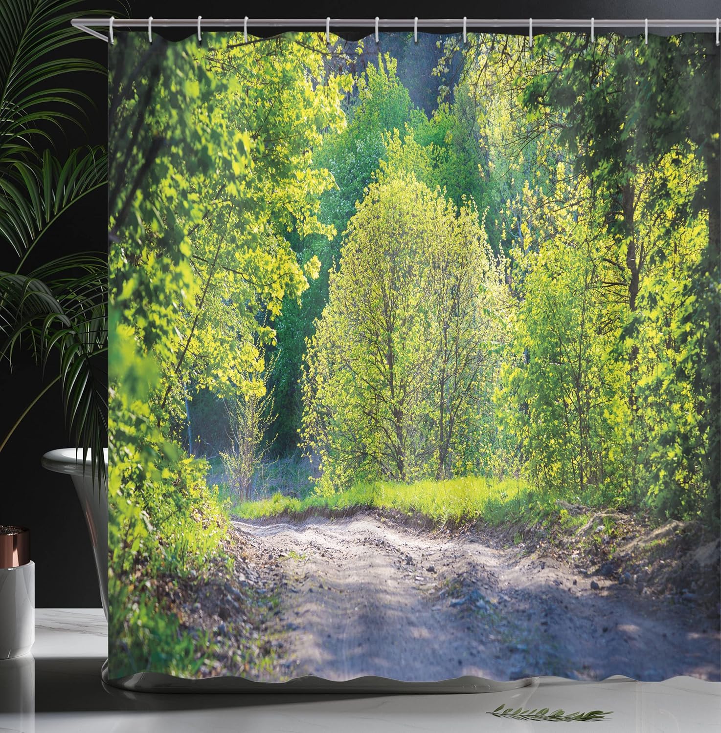 Ambesonne Spring Shower Curtain, Path in Forest by The Lake Sunlight Reflecting on Fresh Leaves Tranquil Image, Cloth Fabric Bathroom Decor Set with Hooks, 69" W x 70" L, Lime Green Grey