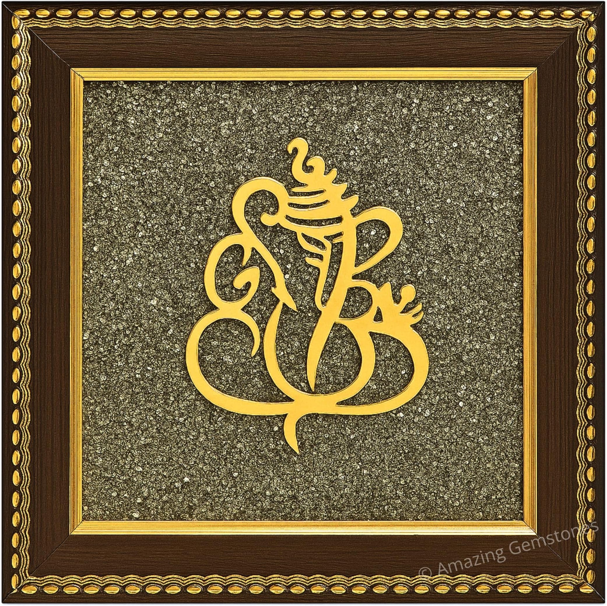 Amazing Gemstone Pyrite Stone Frame With Ganesha Wealth, Protection And Energy Balance – Wooden Wall Decor Frame With Original Pyrite Dust For Prosperity And Success