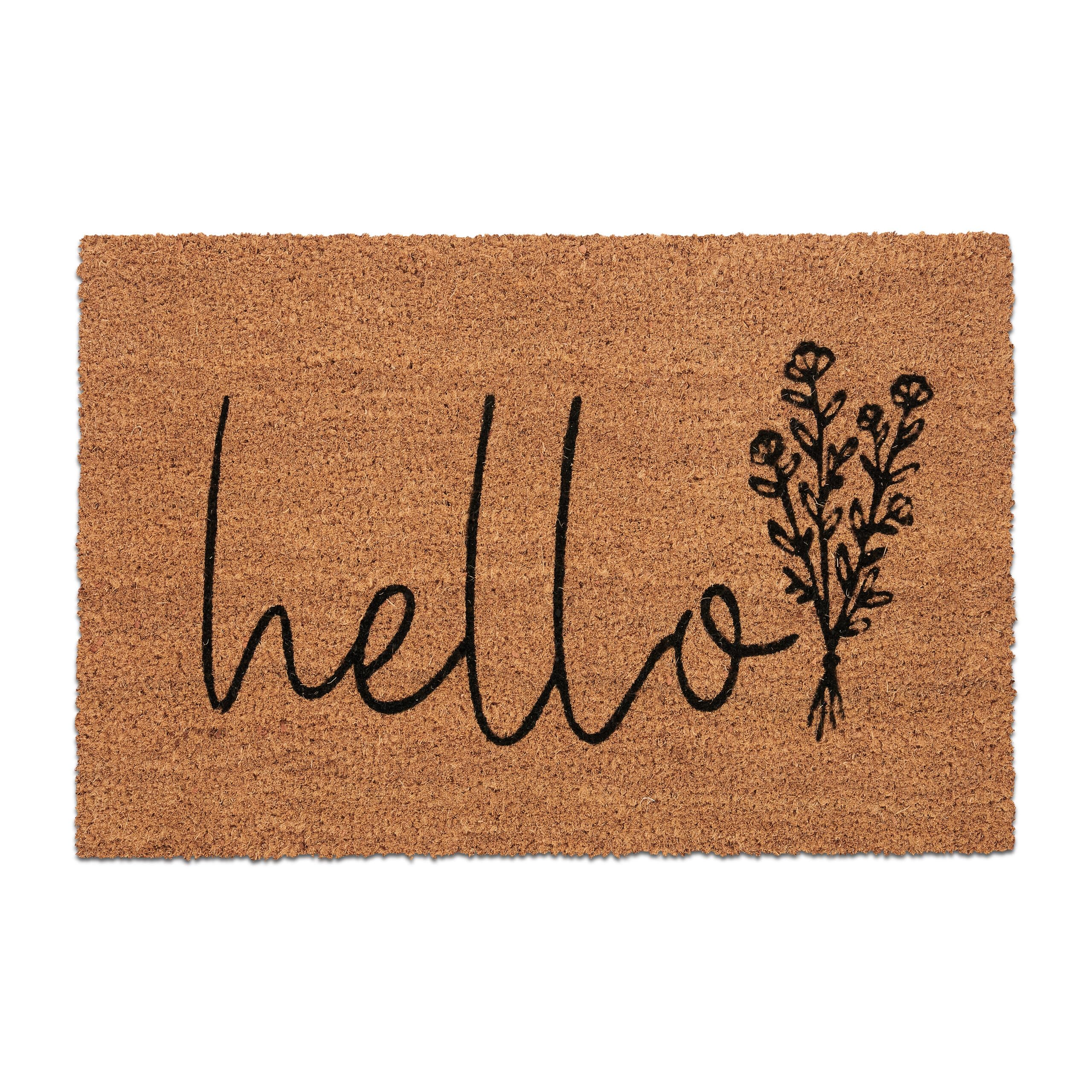 Paillasson coco Hello 60x40 cm antidérapant à motif floral noir