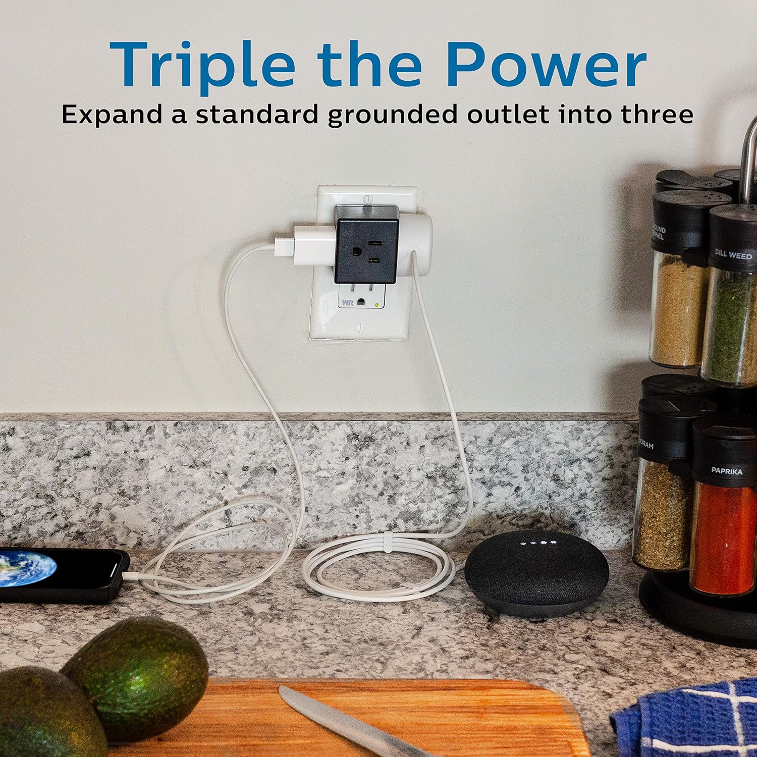 Philips 3-Outlet Extender, Extra-Wide Adapter Spaced, Easy Access Design, 3-Prong, Perfect for Travel, Cube, 1 Pack, Black, SPS3001BC/37
