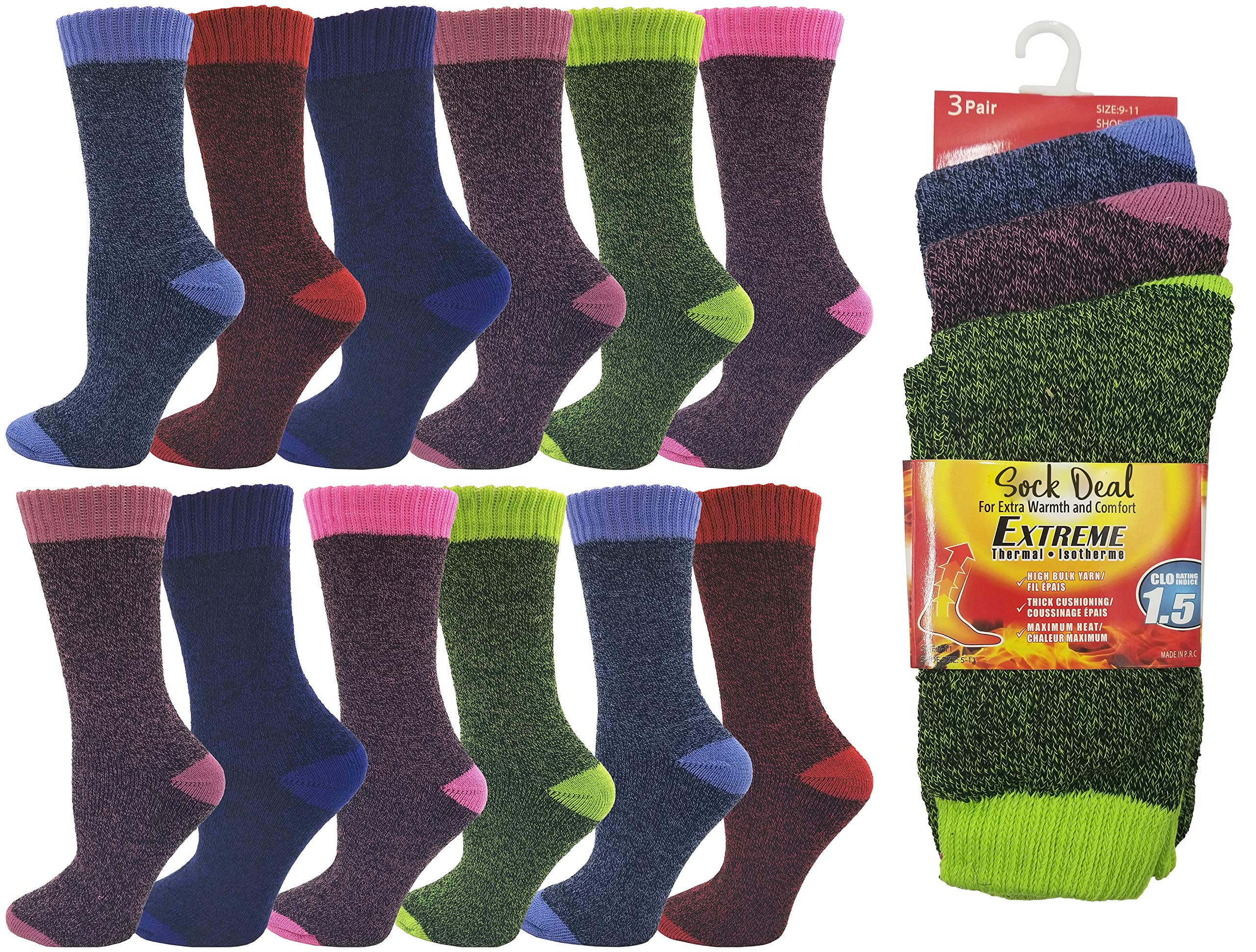 WinterlaceBrushed Thermal Socks, 12 Pairs Women’s Insulated Warm Winter Thick Crew Bulk Boot Sock (Assorted Color Brushed Interior)