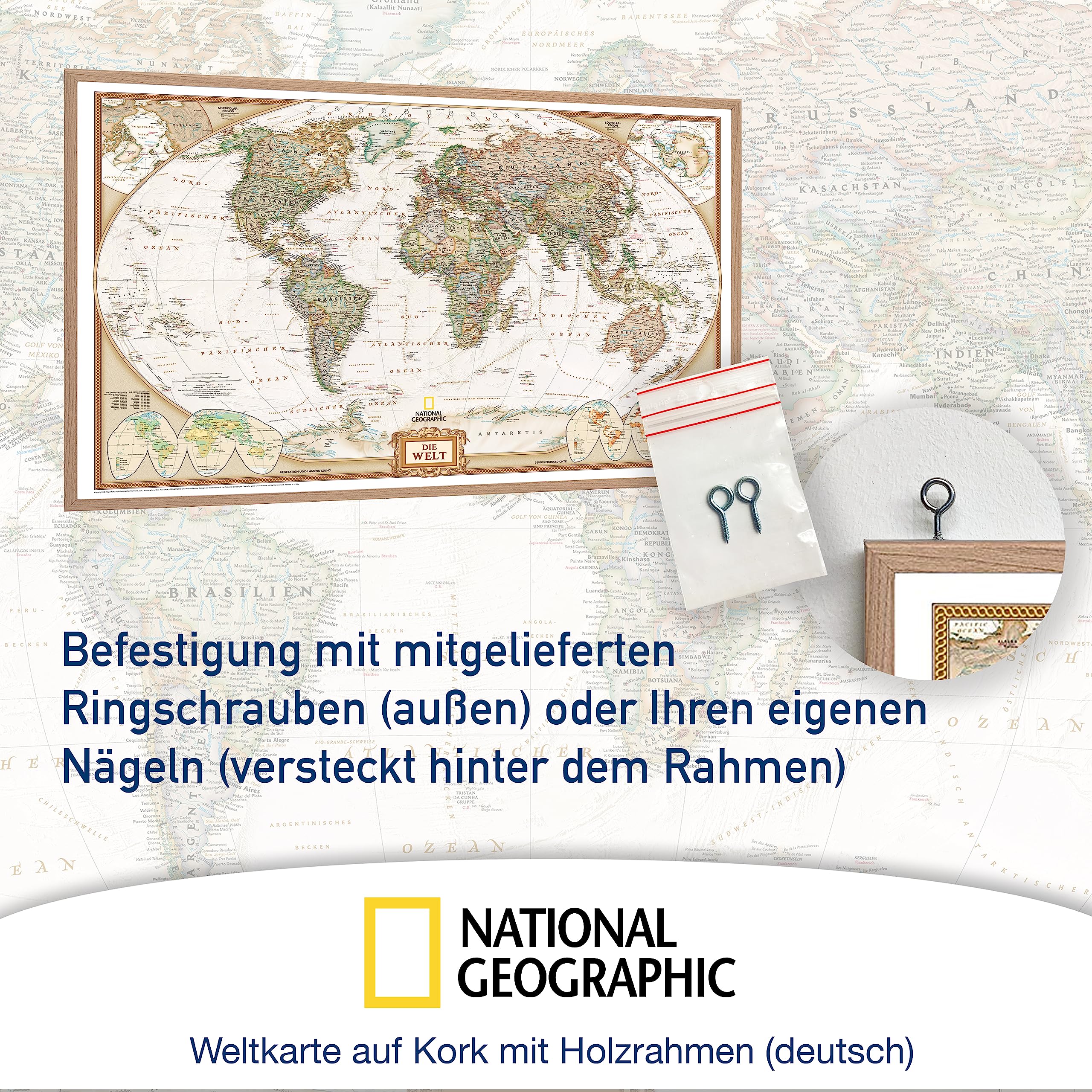 ORBIT Globes & Maps - Weltkarte mit Kartenbild von National Geographic - Pinnwand mit Holzrahmen, Aktuell 2025, 90x60 cm, deutsch, Maßstab 1:46 Mio mit Fähnchen und Pins sowie Befestigungsmaterial