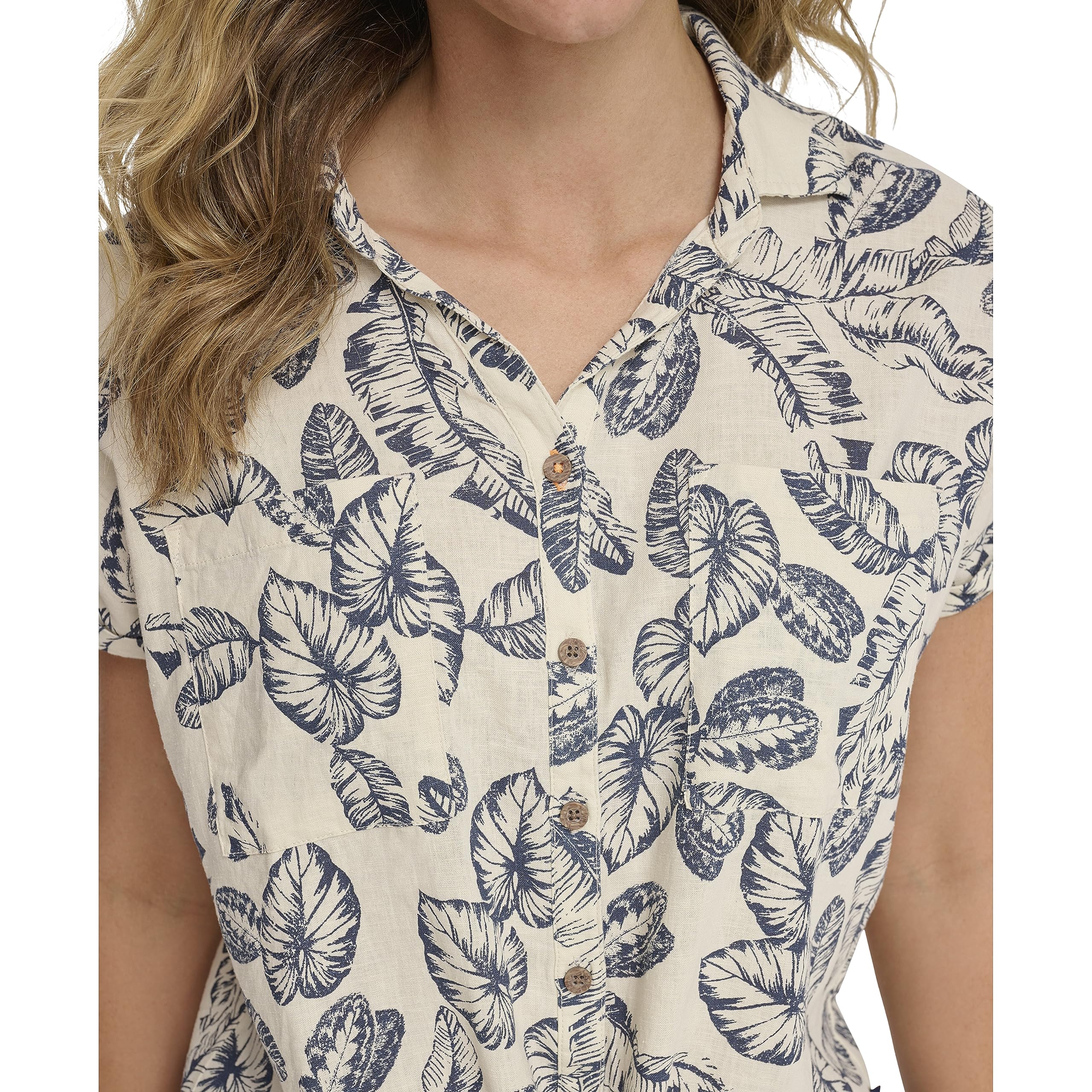 Margaritaville Damen Palm Print Tie Party Shirt - Soft, Relaxed-Feel Linen Bluse