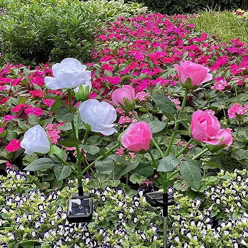 Miniatura 7 de Paquete de 2 luces solares para exteriores, 10 rosas grandes, luces LED solares realistas para jardín, impermeables, 7 luces solares que cambian de