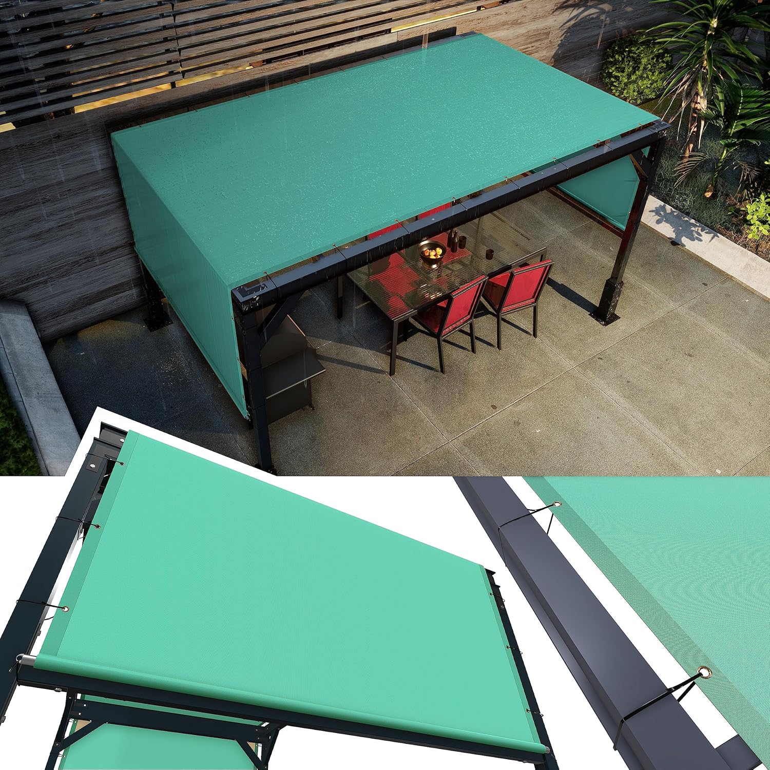 Amgo 10' W x 10' L Turquoise Waterproof Pergola UPF50 Sun Shade Canopy Replacement Cover, 220 GSM Cloth for Outdoor Patio, 95% UV Blockage, Includes Stainless Steel Weighted Rods (We Customize)