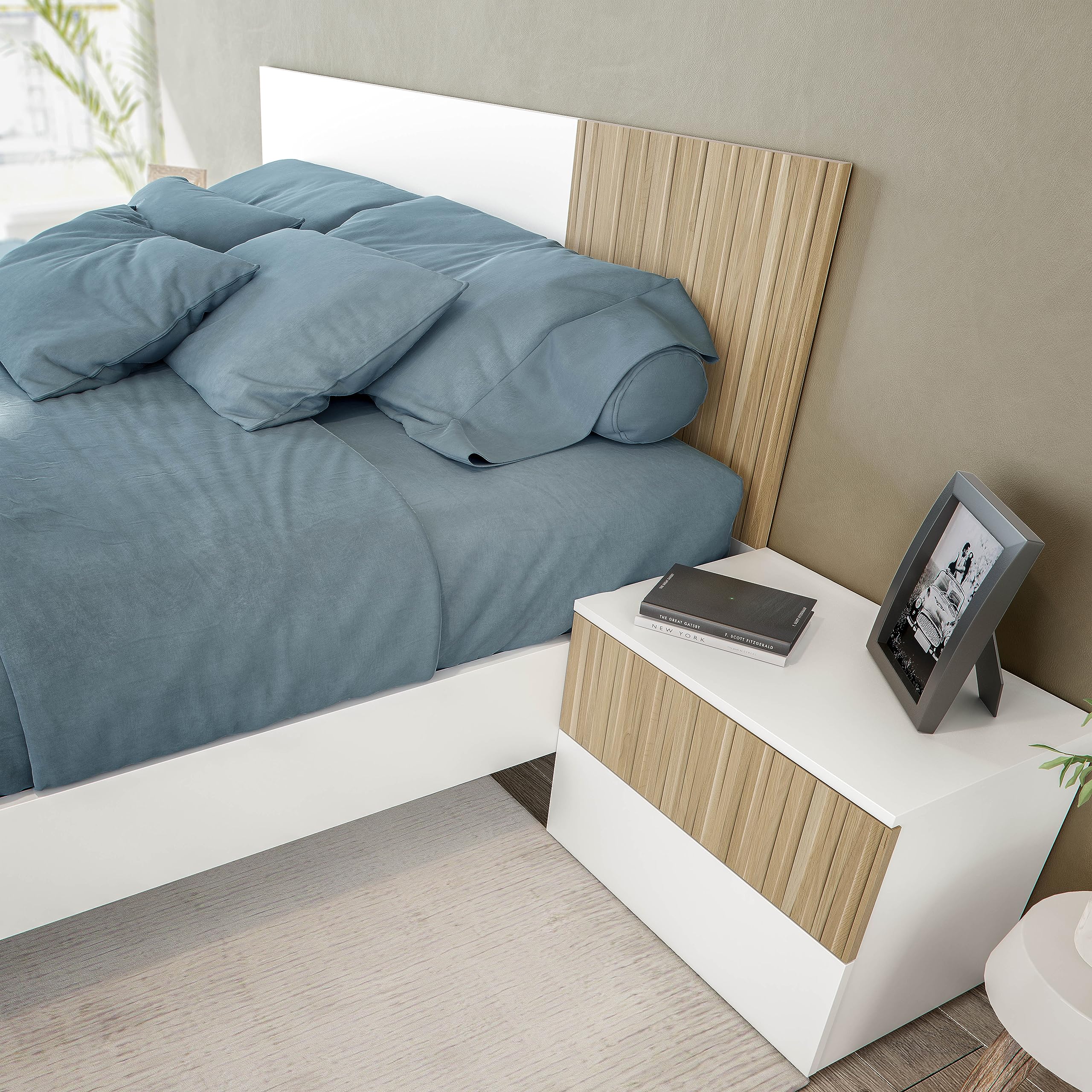 Mobelcenter, Conjunto Cabezal y 2 Mesitas Dormitorio Ethna, Cabecero y Mesitas para Cama de Matrimonio, Color Blanco Artik y Natur, Medidas: Ancho: 266 cm x Fondo: 34 cm x Alto: 91 cm (1428)
