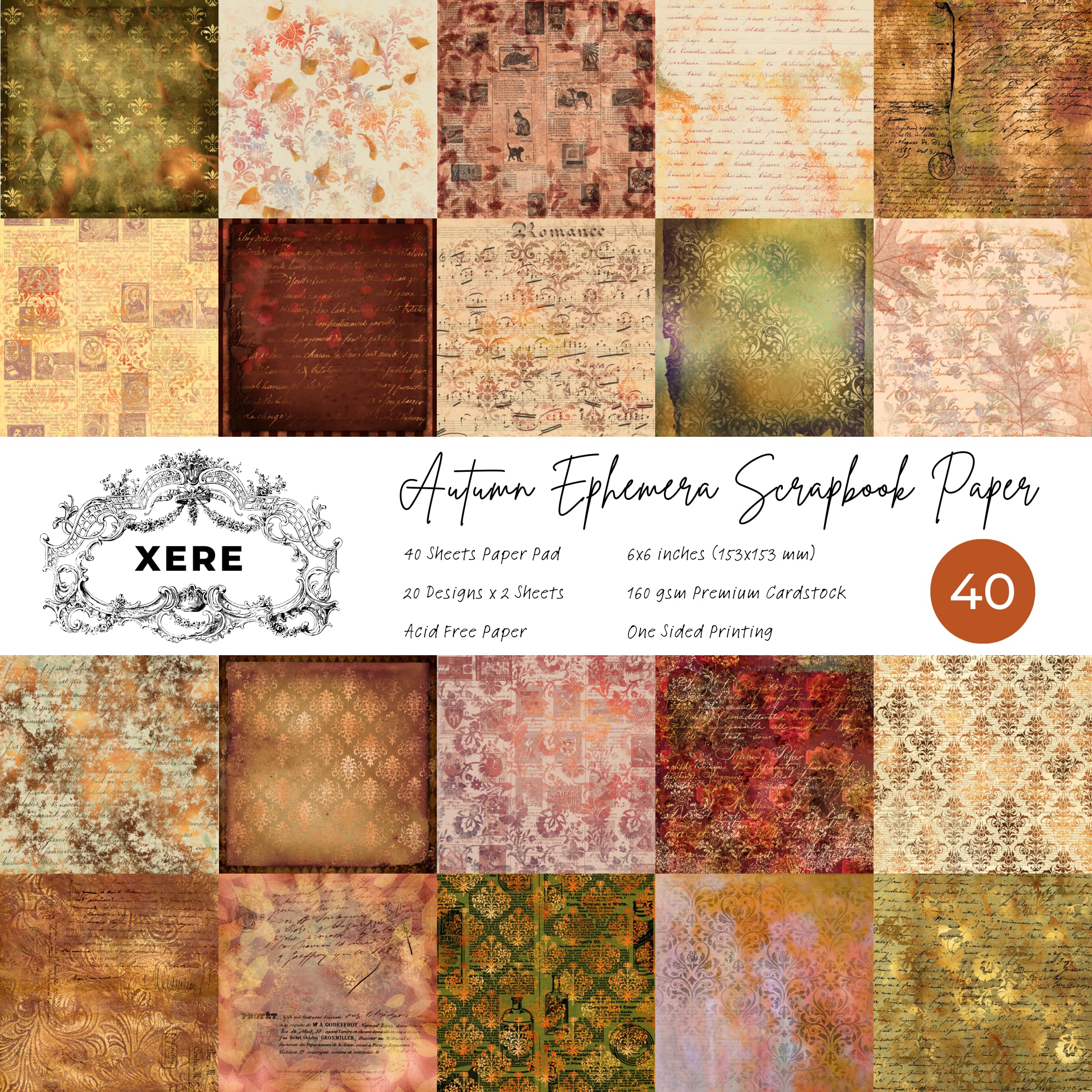XERE 40 Blatt Herbst-Scrapbook-Papier, 15,2 x 15,2 cm, Ephemera-Muster, Papierpackung für Tagebuch, Skizzenbuch, Lesezeichen, Junk-Tagebuch, Herbst-Scrapbook Kunstbedarf