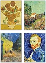 Vincent Van Gogh Prints - Set of 4 (5x7 Inches) Sunflowers Print (1888), Café Terrace at Night Print (1888), Van Gogh Self-Portrait Print (1889), Landscape Print (ca. 1925-1928) Vintage Paintings