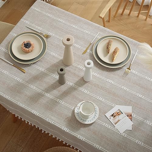 Miniatura 4 de Gernaice Mantel bordado de rayas rústicas con borlas pesadas, mantel rectangular de lino y algodón, sin arrugas, lavable, para café, sala de estar,