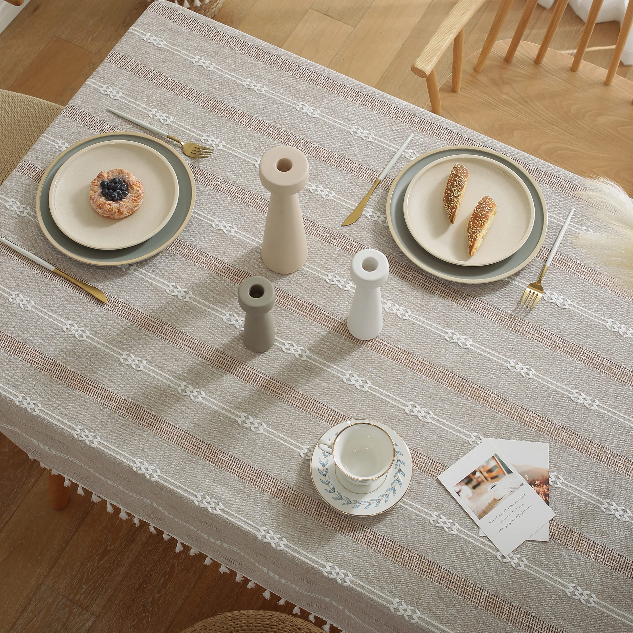 Gernaice Tovaglia Rettangolare In Lino Con Ricamo A Quadri E Nappe, 91x140 Cm, Marrone, Antipolvere, Per Sala Da Pranzo E Feste