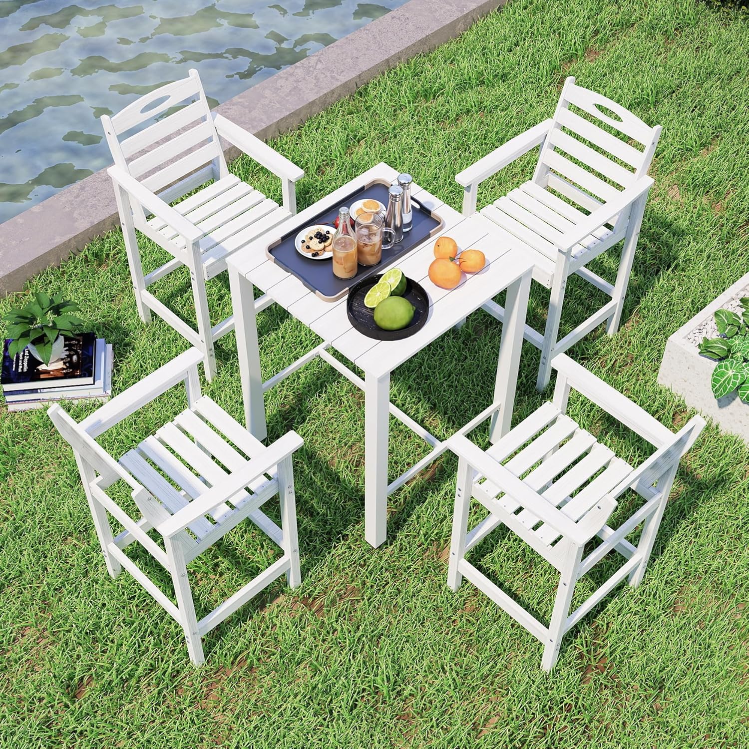 Domi HDPE Adirondack Patio Table and Chairs Set of 5, Outdoor HDPE Patio Bar Set, All Weather Bar Chairs and Table Set for Patio, Balcony, Backyard, Poolside, White