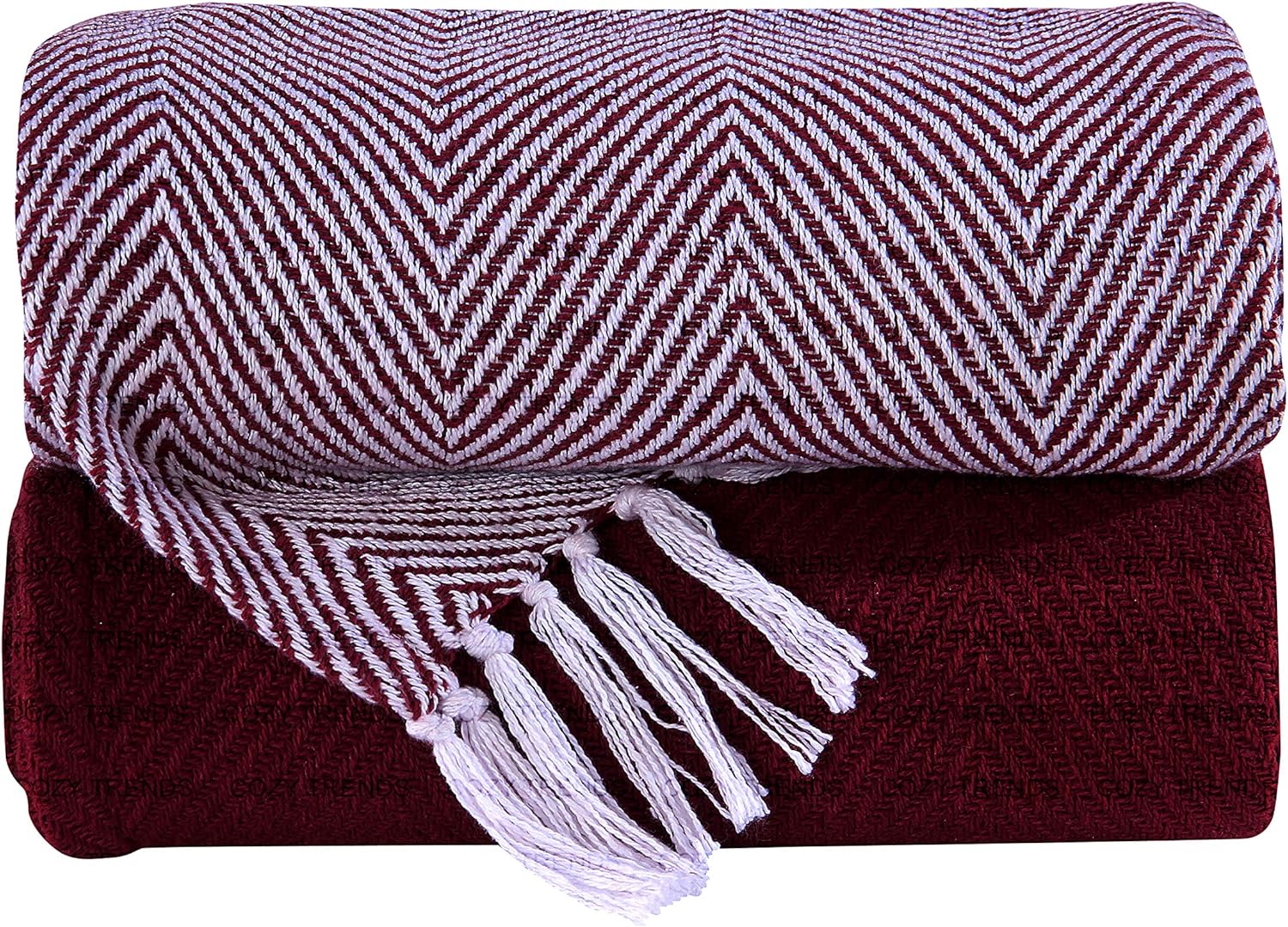Luxurious Hand Woven Cozy Warm 100% Cotton All Season Light Weight Couch Chair Bed Decorative Throw Blankets Chevron 50x60 Inch Set of 2 (Burgundy)