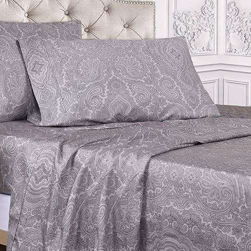 Miniatura 6 de Superior, juego de sábanas de 4 unidades, mezcla de algodón de 600 hilos, estampado, tamaño California King, azul marino, Tejido mixto de algodón,