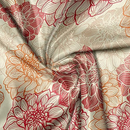 Miniatura 4 de Lunarable Dahlia Flower Fabric by The Yard, Apple Blooms Botanical Garden Bouquet Spring Inspired Retro Graphic, Decorative Satin Fabric for Home