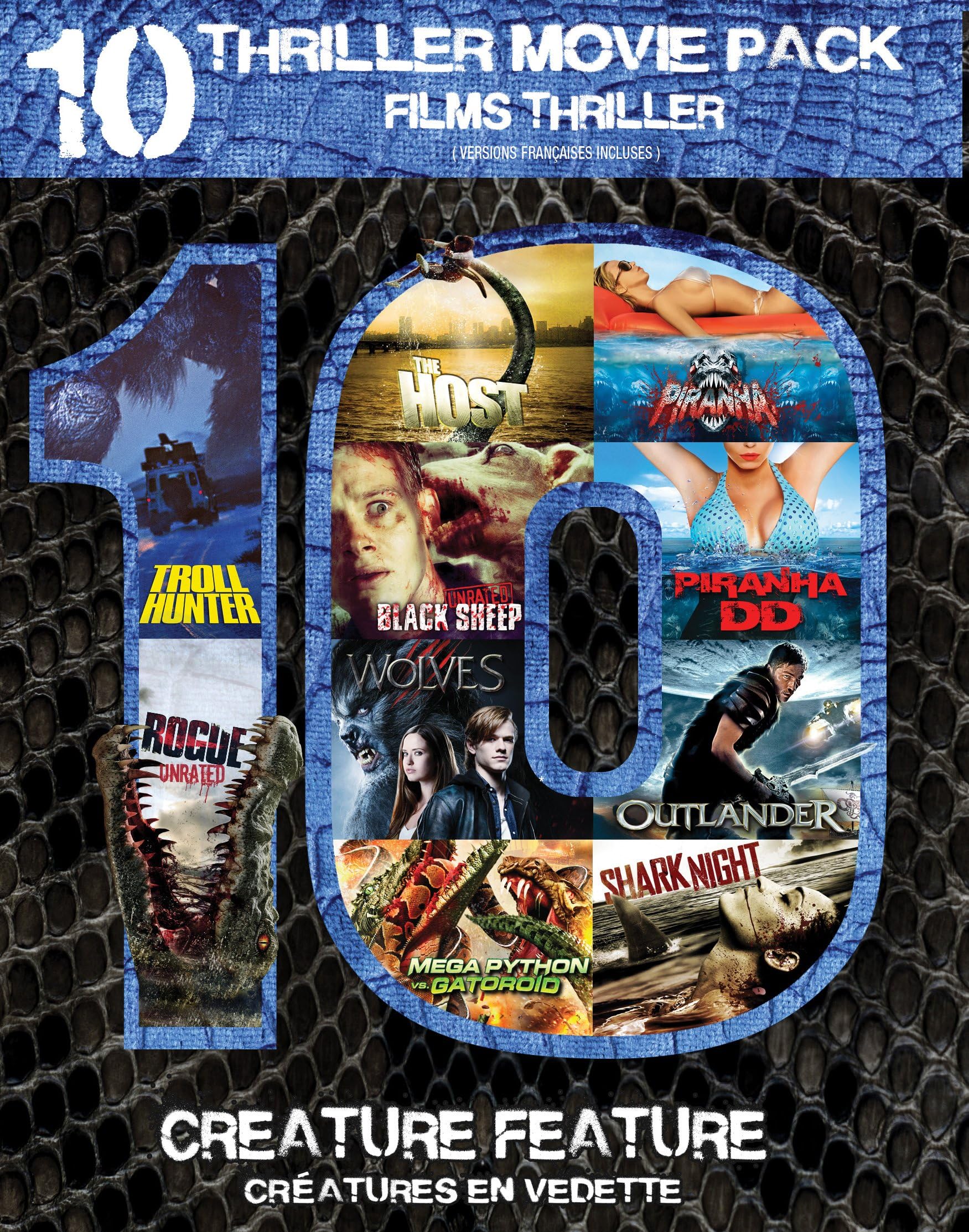 Piranha / Troll Hunter / Black Sheep / Outlander / Shark Night / The Host / Piranha DD / Rogue / Wolves / Mega Python VS. Gatoroid (10-Thriller Movie Pack)