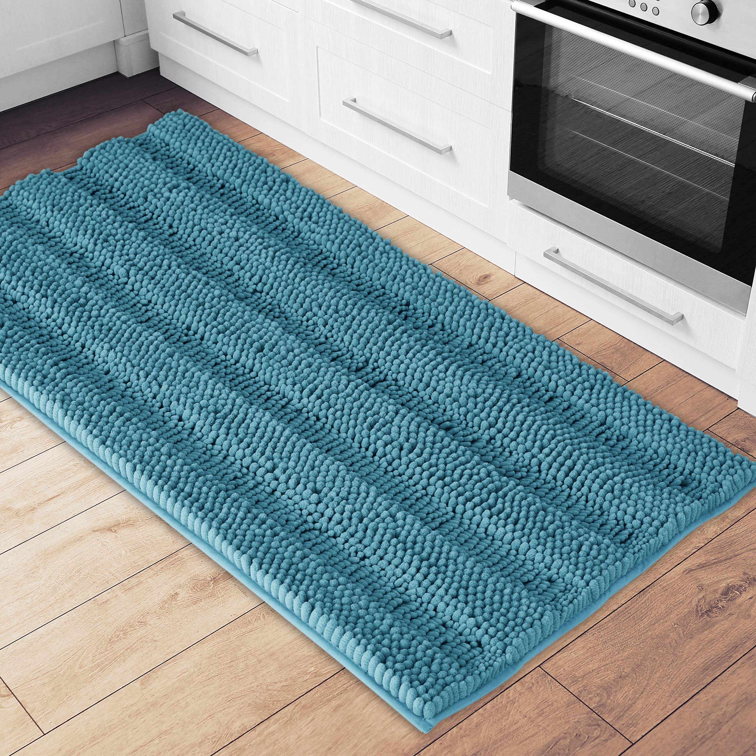 NICETOWN Bathroom Rug Slip-Resistant Absorbent Soft Fluffy Thick Striped Non-Slip Microfiber Dry Fast Bath Mat for Kids Pets Baby Nursery, Dog Mat for Door Entry Inside (Teal Blue, 60" x 24")