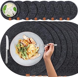 Miqio® Design Runde Tischsets aus Filz abwaschbar | Mit Marken Echtleder Label und Glasuntersetzer | 8 Platzsets 8 Untersetzer | Filzmatte Platzdeckchen waschbar