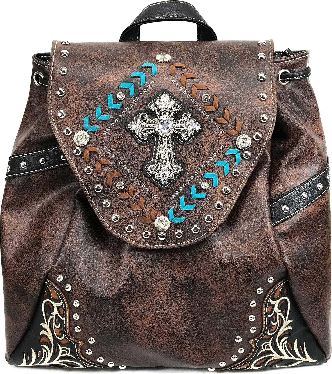 Justin West Trendy Western Cross Rhinestone Leather Conceal Carry Top Handle Square Backpack Purse