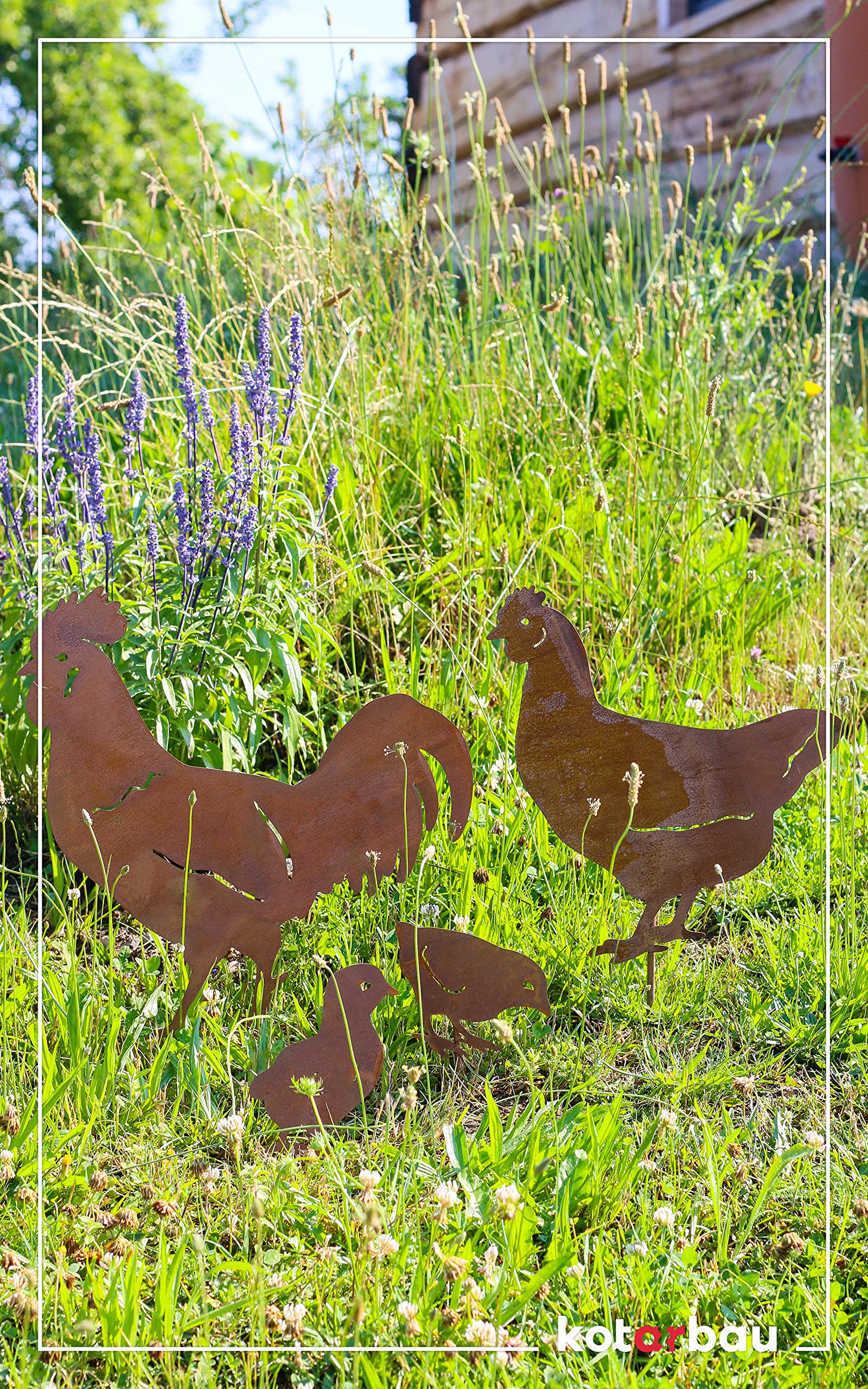 KOTARBAU® Decoración de jardín de Metal Oxidado, Gallo, gallina, Pollitos para Clavar en Tierra, Figuras Decorativas, Efecto Oxidado, Animales de decoración, Estatuas