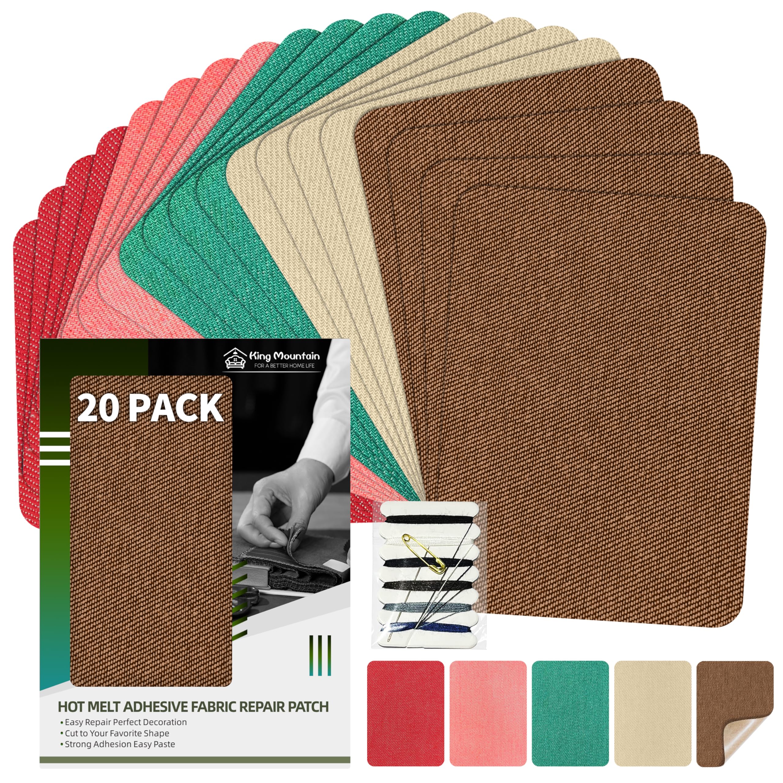 KING MOUNTAIN Iron-on Repair Patch 20 Pcs Pack,Denim Patches for Jeans Kit 3" by 4-1/4", 100% Cotton Denim Iron-on Repair Patch,Jeans and Clothing Repair and Decoration Kit (Five Color 2.0)