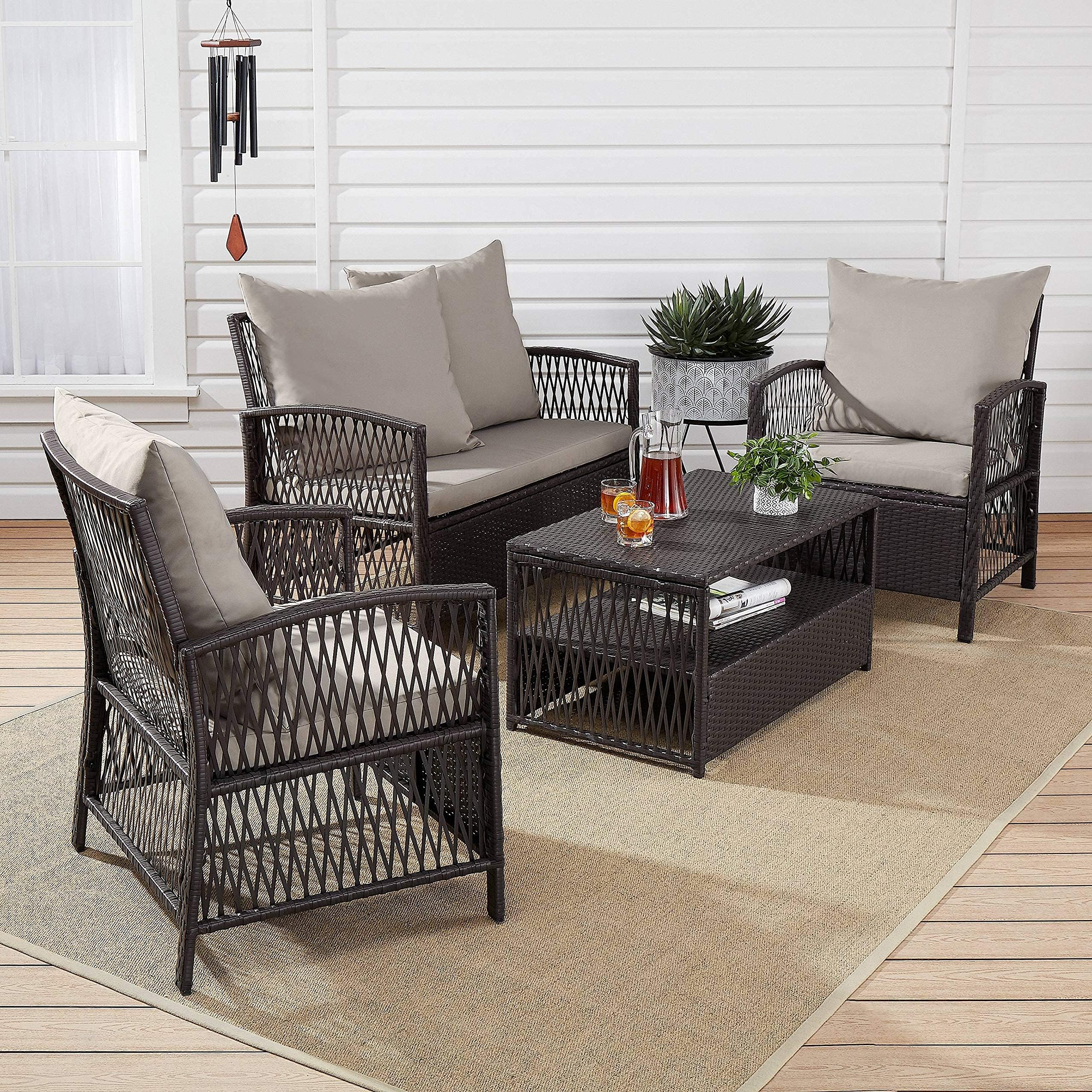 4 Piece PE Wicker Woven Rattan Outdoor Furniture | 4 Seater Balcony Sofa With Tea Table | Set of 2+1+1 Outdoor Patio Chairs with Coffee Table | Sofa Sets & Center Table for Home & Garden | 3 Piece Patio Stools with Table | Indoor Patio Furniture Set Space Saving | Rattan Chair | Patio Set | Wicker Conversation Set | Poolside Lawn Arm Chairs Set For Balcony & Terrace | Balcony Table chair Set | Hotel Patio Seating Chair & Table Set with Glass | Brown Sofa Beige Cushion