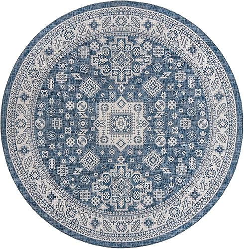 Miniatura 3 de Unique Loom Outdoor Aztec Collection Alfombra de área - Chalca (10 pies, redonda, azulmarfil)