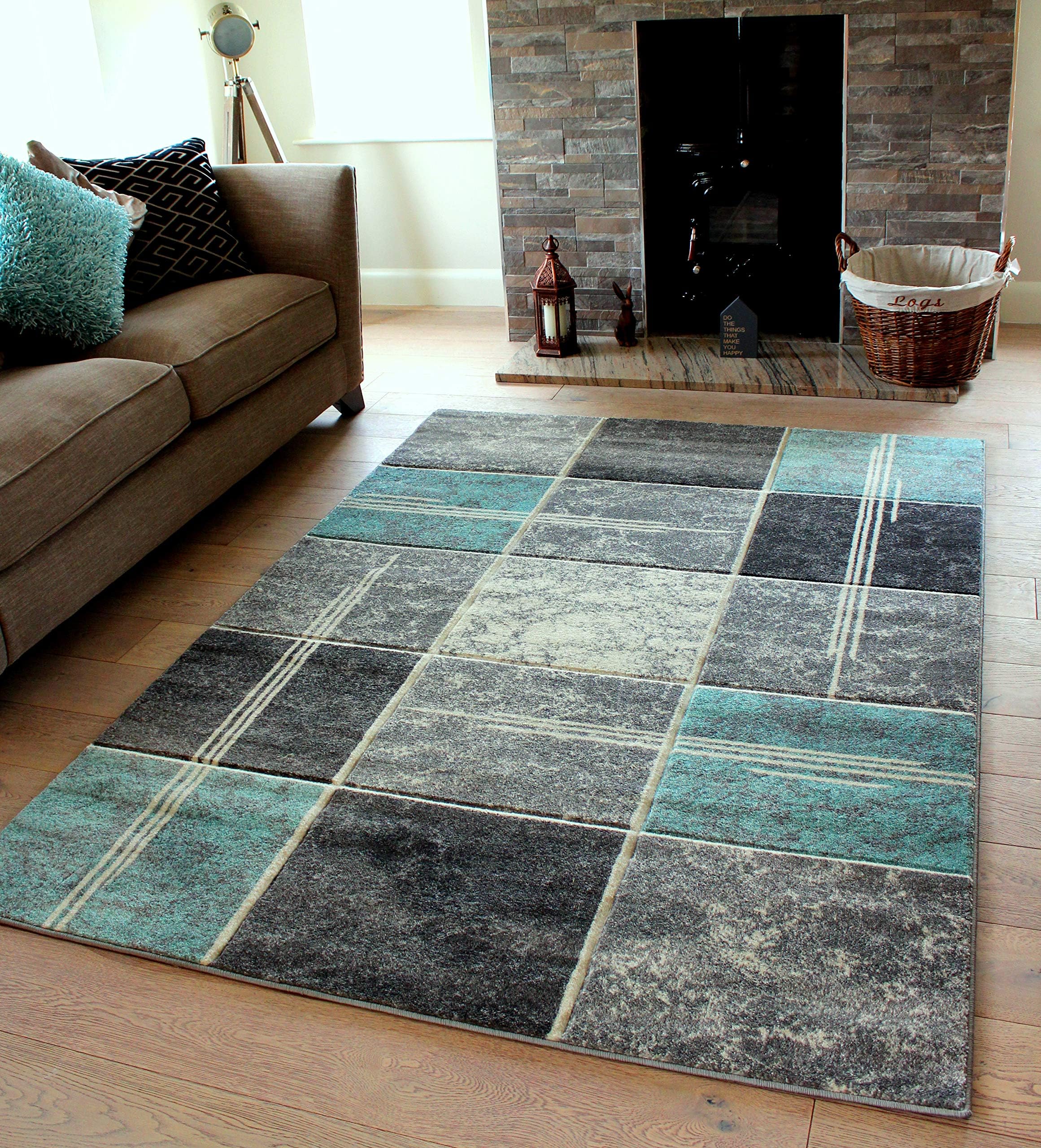 Small Large Duck Egg Blue Silver Grey White Cream Modern Soft Thick Squares Blocks Design Carved Rugs Long Hall Runner Mats (6 (80x150cm)