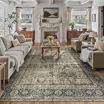10x14 Washable Area Rug Brown Vintage Distressed Living Room Bedroom Large Throw Rug Non Slip Low Pile Soft Accent Indoor Floor Carpet for Dining Room Office Entryway Kitchen